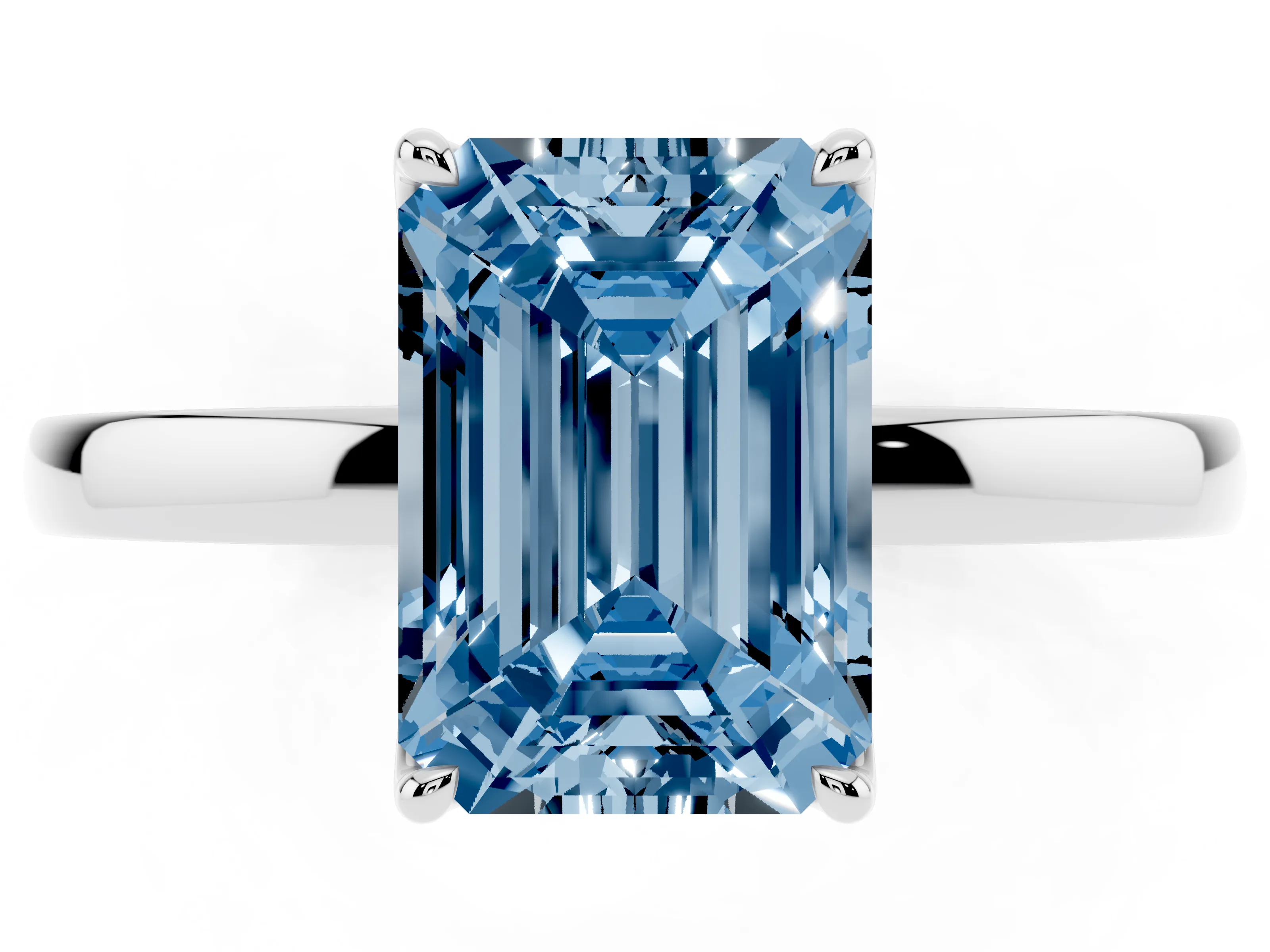 Fancy Blue Emerald Cut Diamond Solitaire Ring Set in White gold with Prong Setting and Thin Polished Band