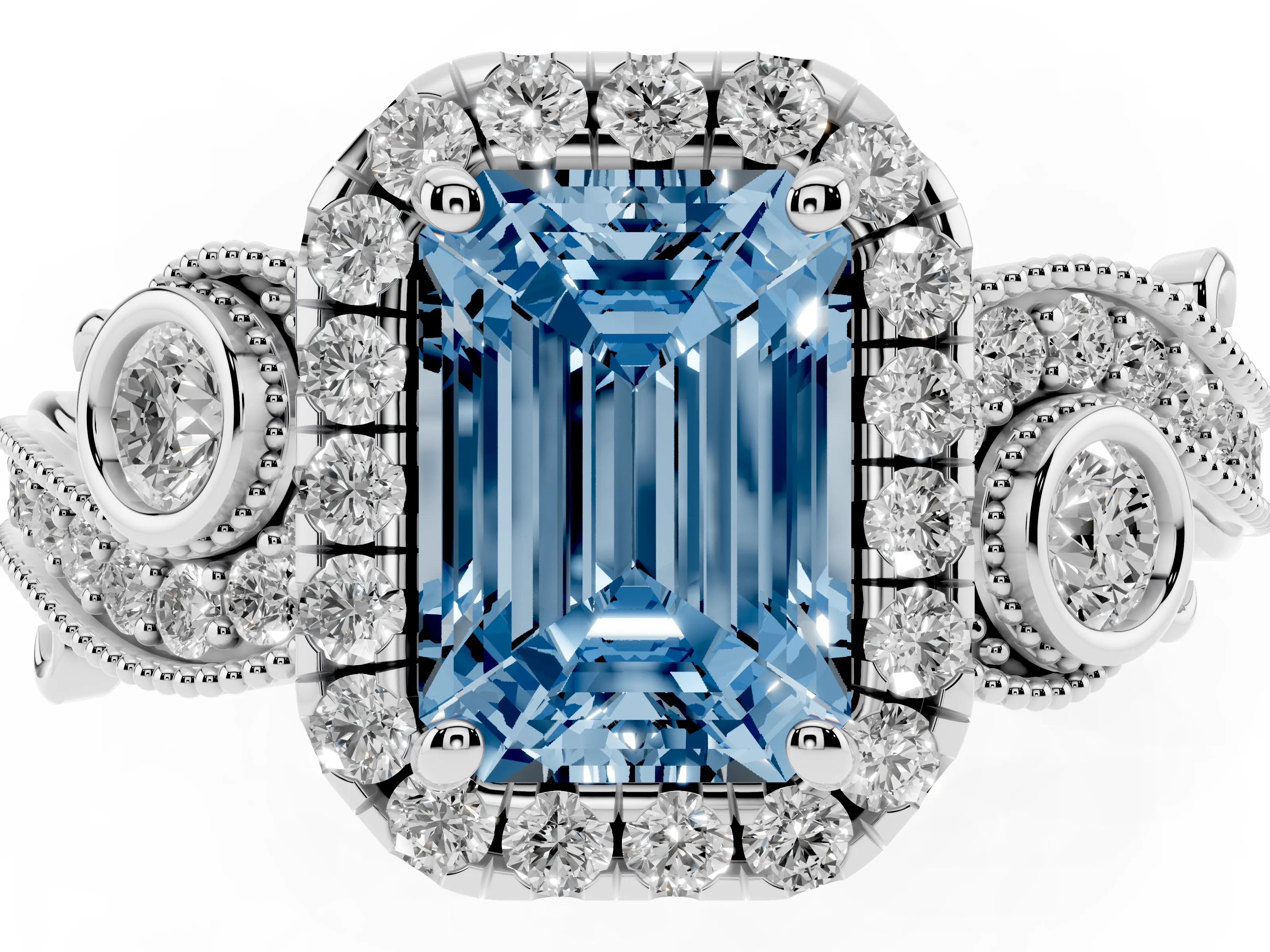Fancy Blue Emerald Cut Diamond Halo Ring Set in Platinum with Milgrain Pavé Band and Prong Setting