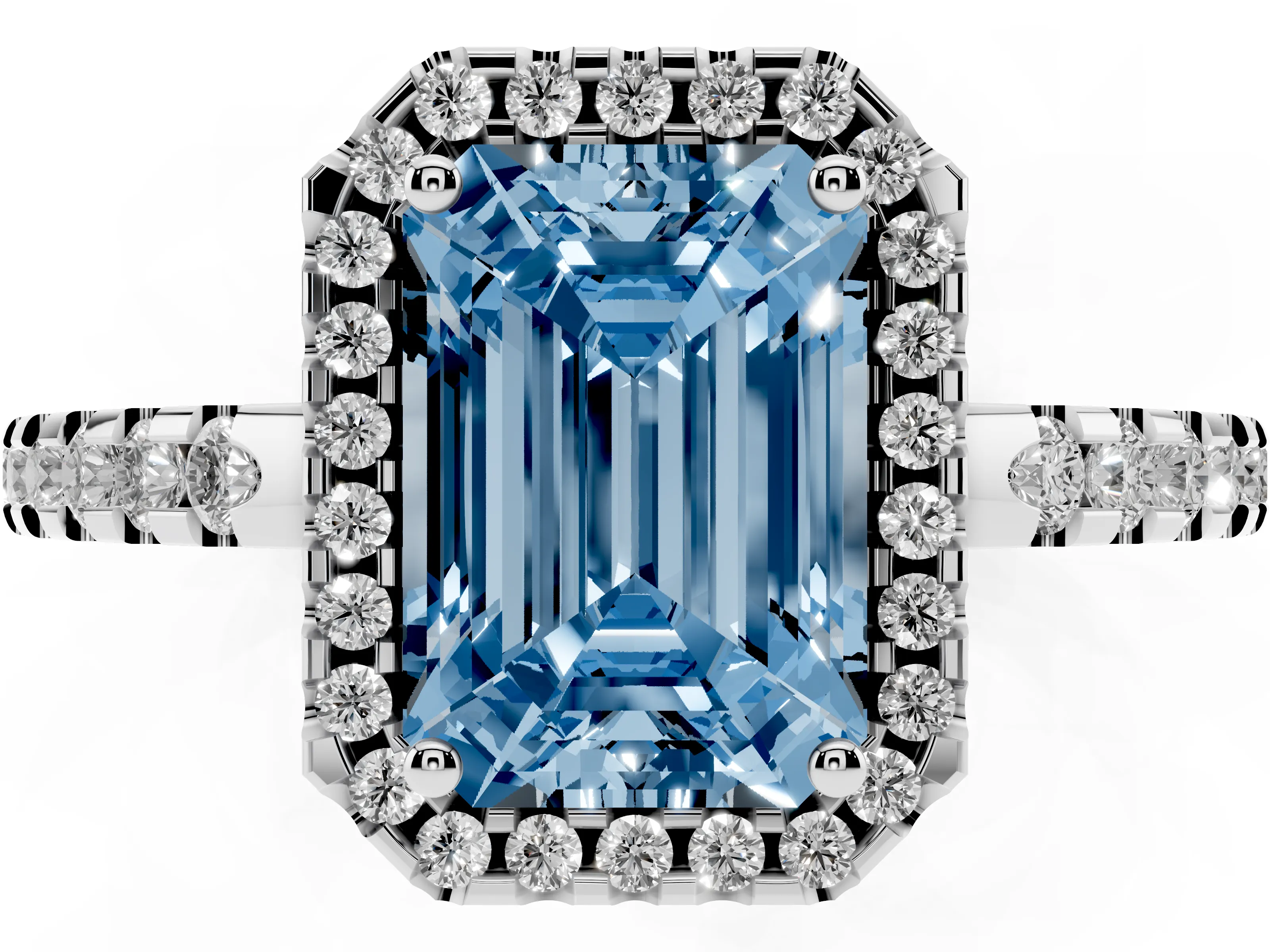 Fancy Blue Emerald Cut Diamond Halo Ring Set in White gold with Pavé Shoulders and Halo-Framed Center