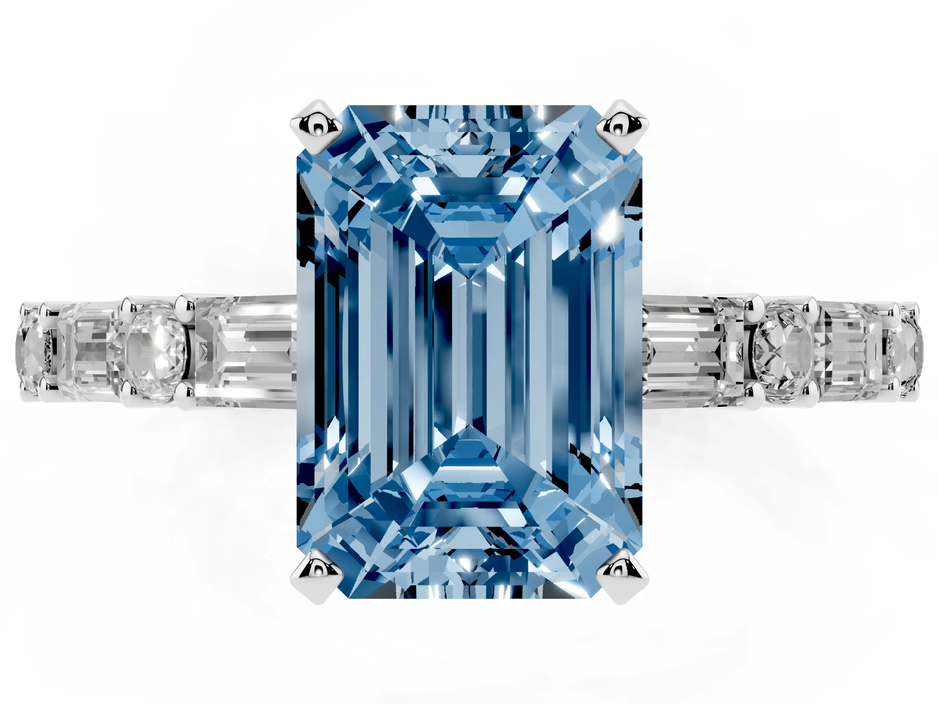 Fancy Blue Emerald Cut Diamond Solitaire Set in Silver with Side Baguettes and Channel Set Band