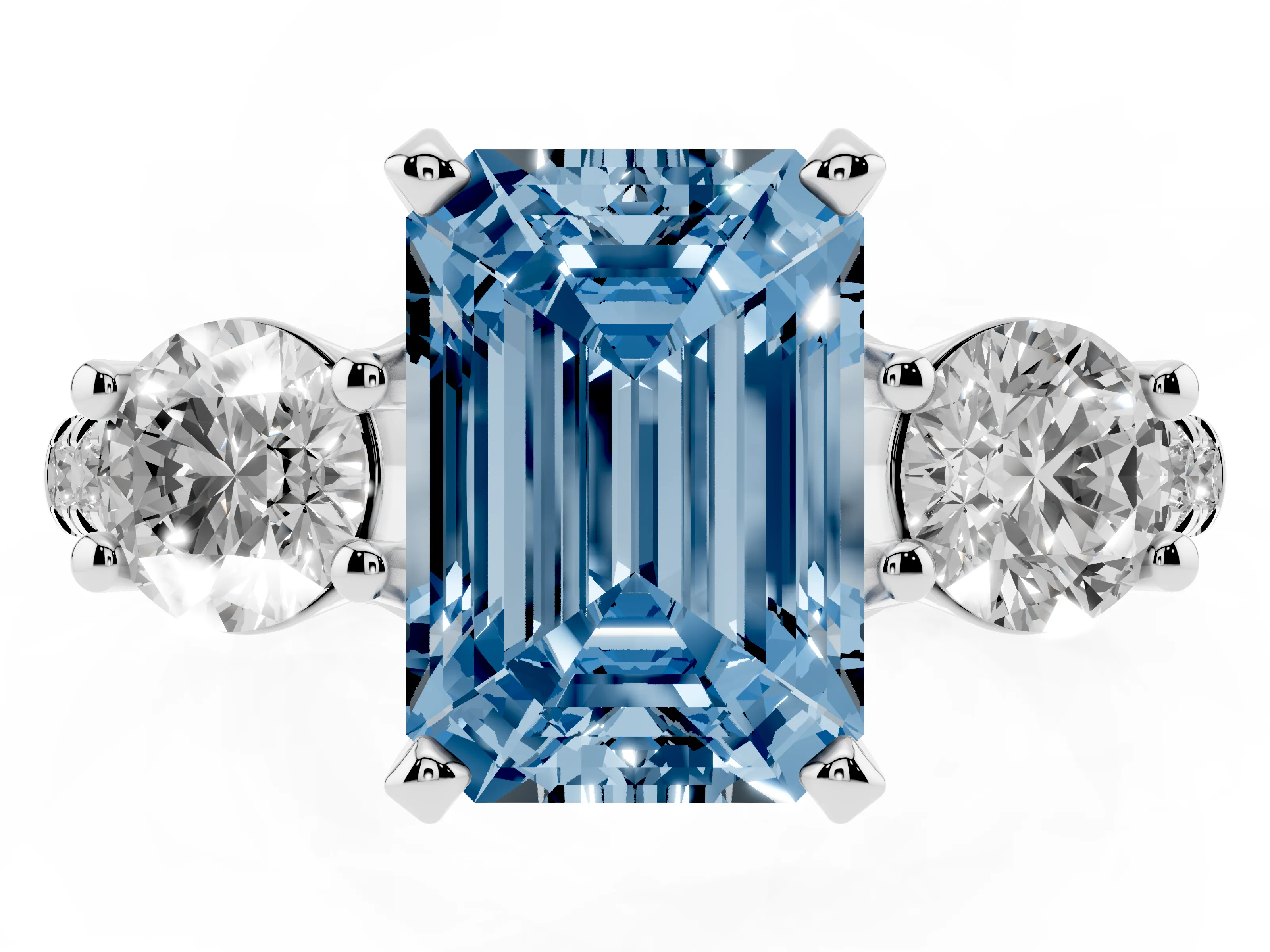 Fancy Blue Three-Stone Emerald Cut Diamond Pavé Band Ring Set in Platinum with Prong-Set Trio
