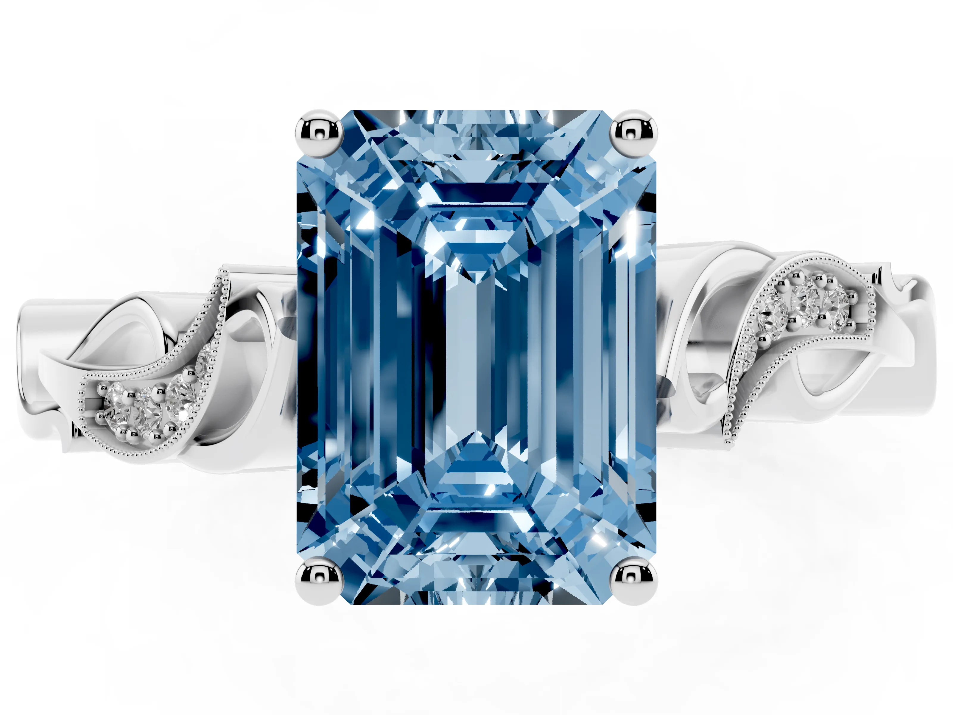 Fancy Blue Emerald Cut Diamond Vine Band Solitaire Ring Set in White gold with Milgrain Prong Setting