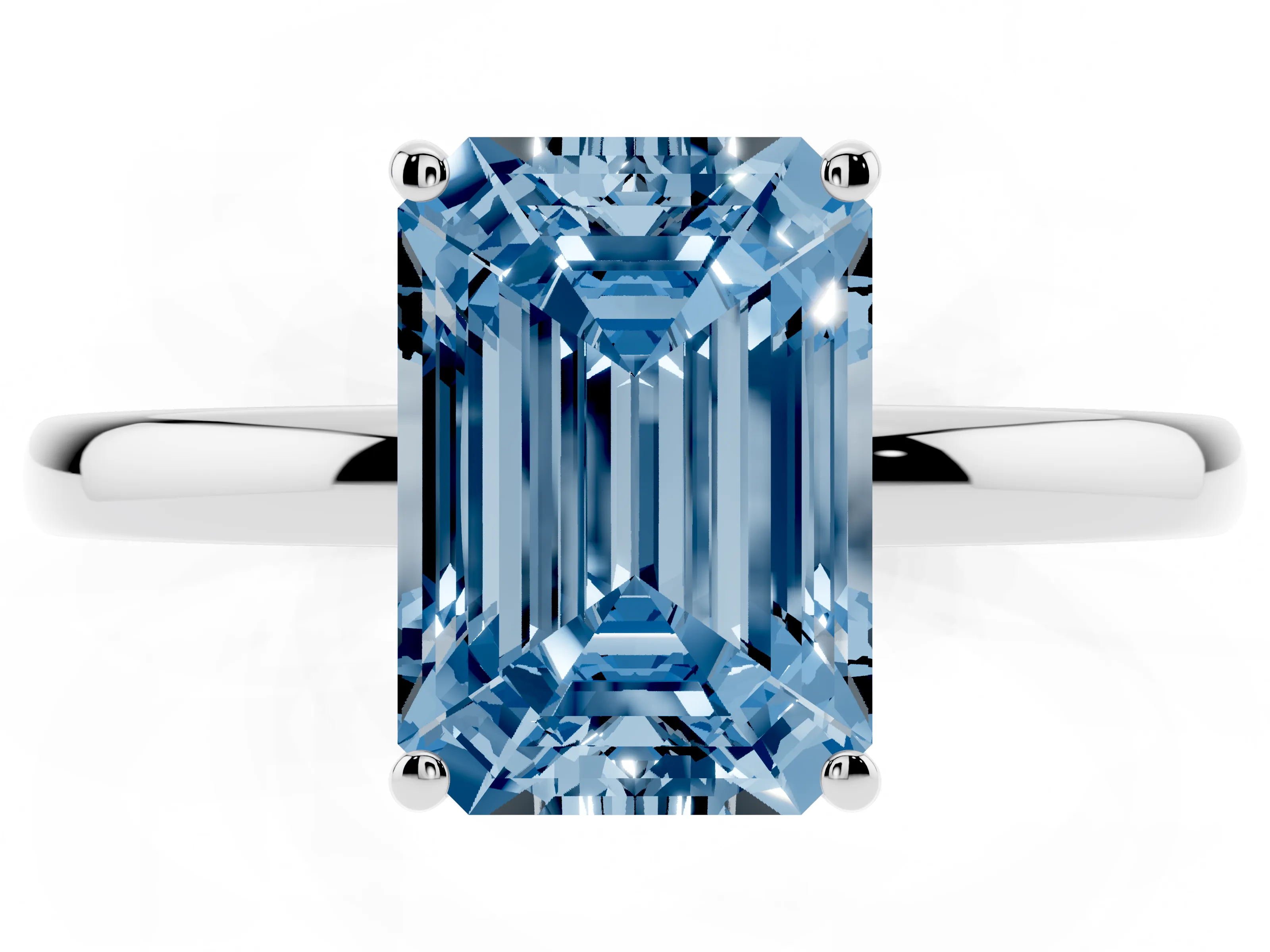 Fancy Blue Emerald Cut Diamond Solitaire Ring Set in Platinum with Plain Band and Prong Setting