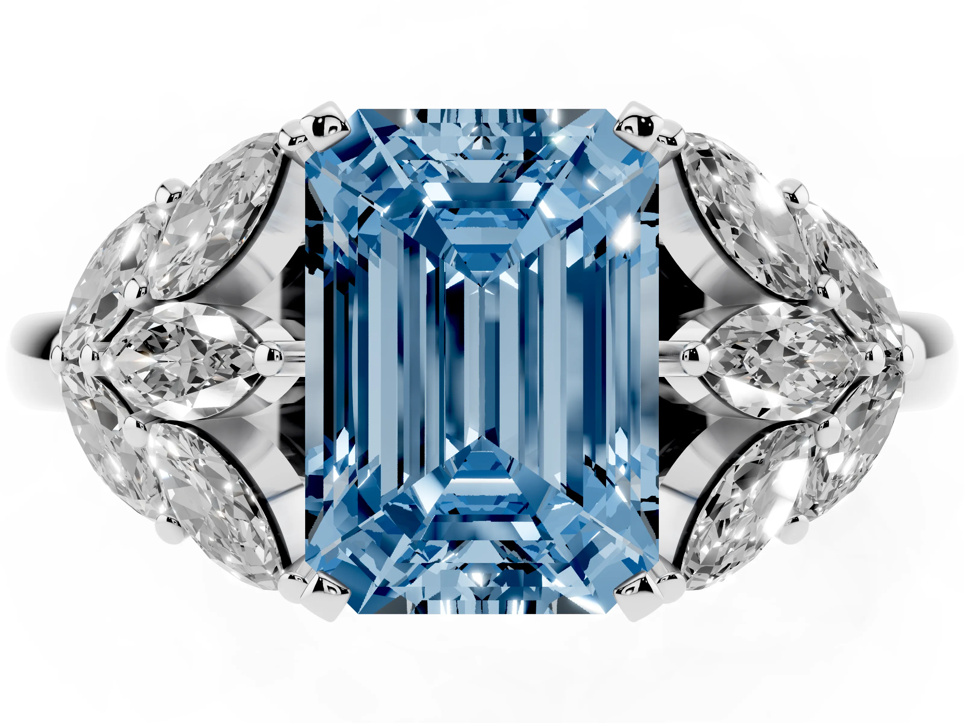 Fancy Blue Emerald Cut Diamond Cluster Leaf Design Ring Set in Platinum with Prong Setting