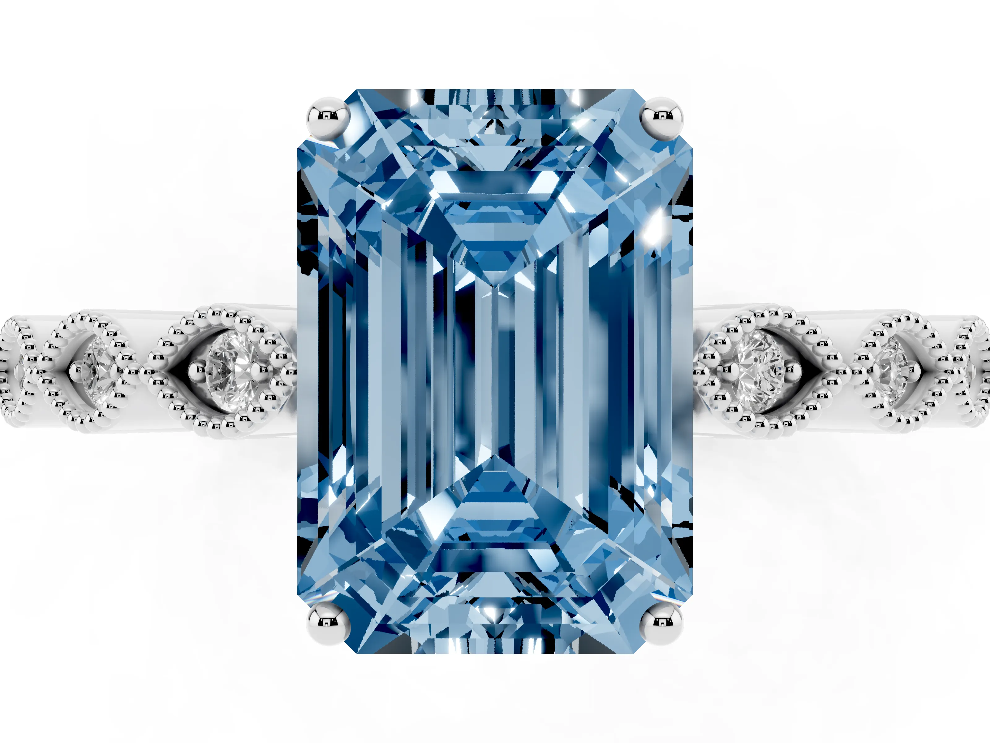 Fancy Blue Emerald Cut Diamond Solitaire Ring Set in White gold with Infinity Twist Pavé Band