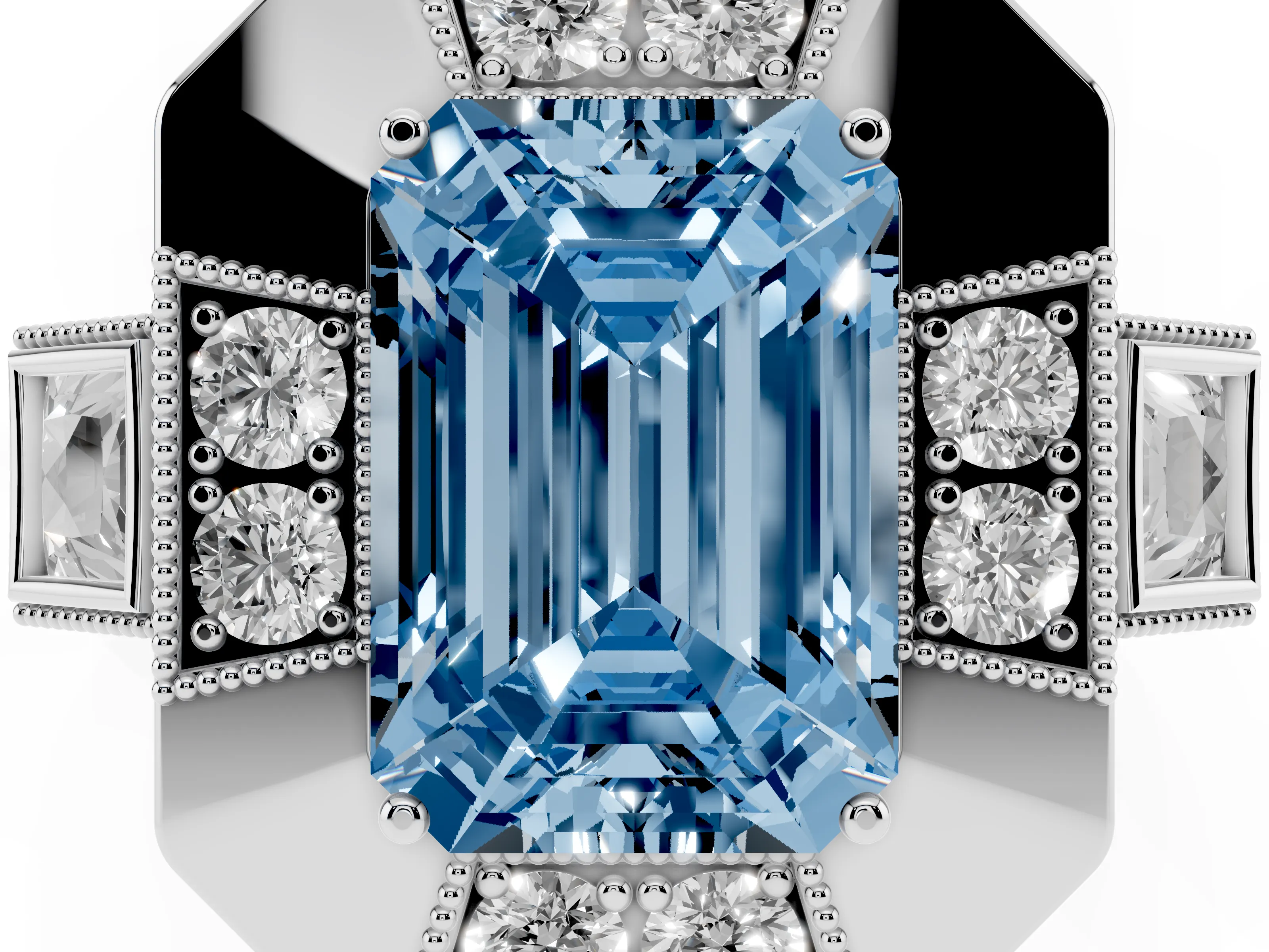 Fancy Blue Emerald Cut Diamond Milgrain Halo Ring Set in Platinum with Split Shank