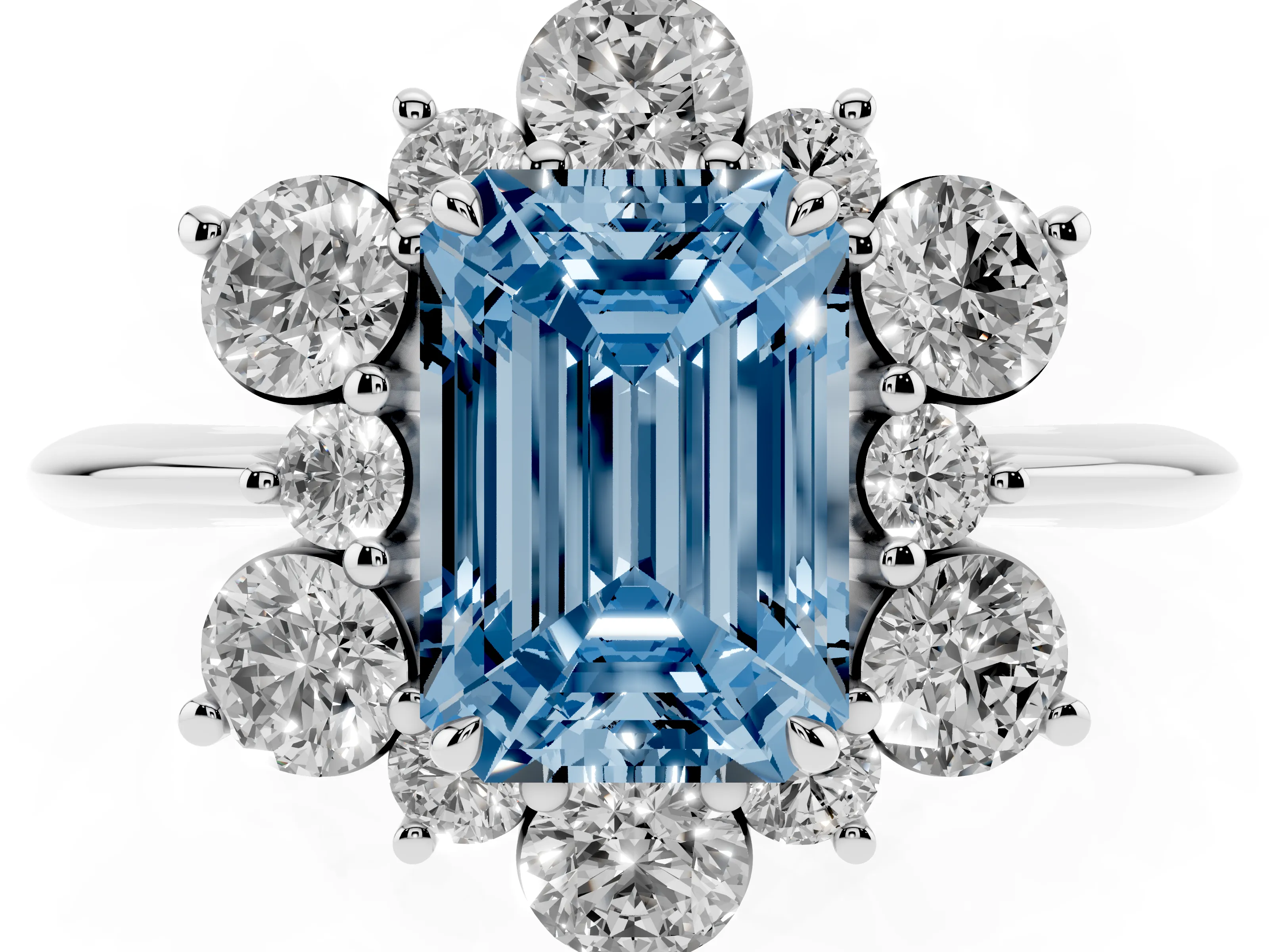 Fancy Blue Emerald Cut Diamond Cluster Halo Ring Set in Silver with Solitaire Band and Prong Setting