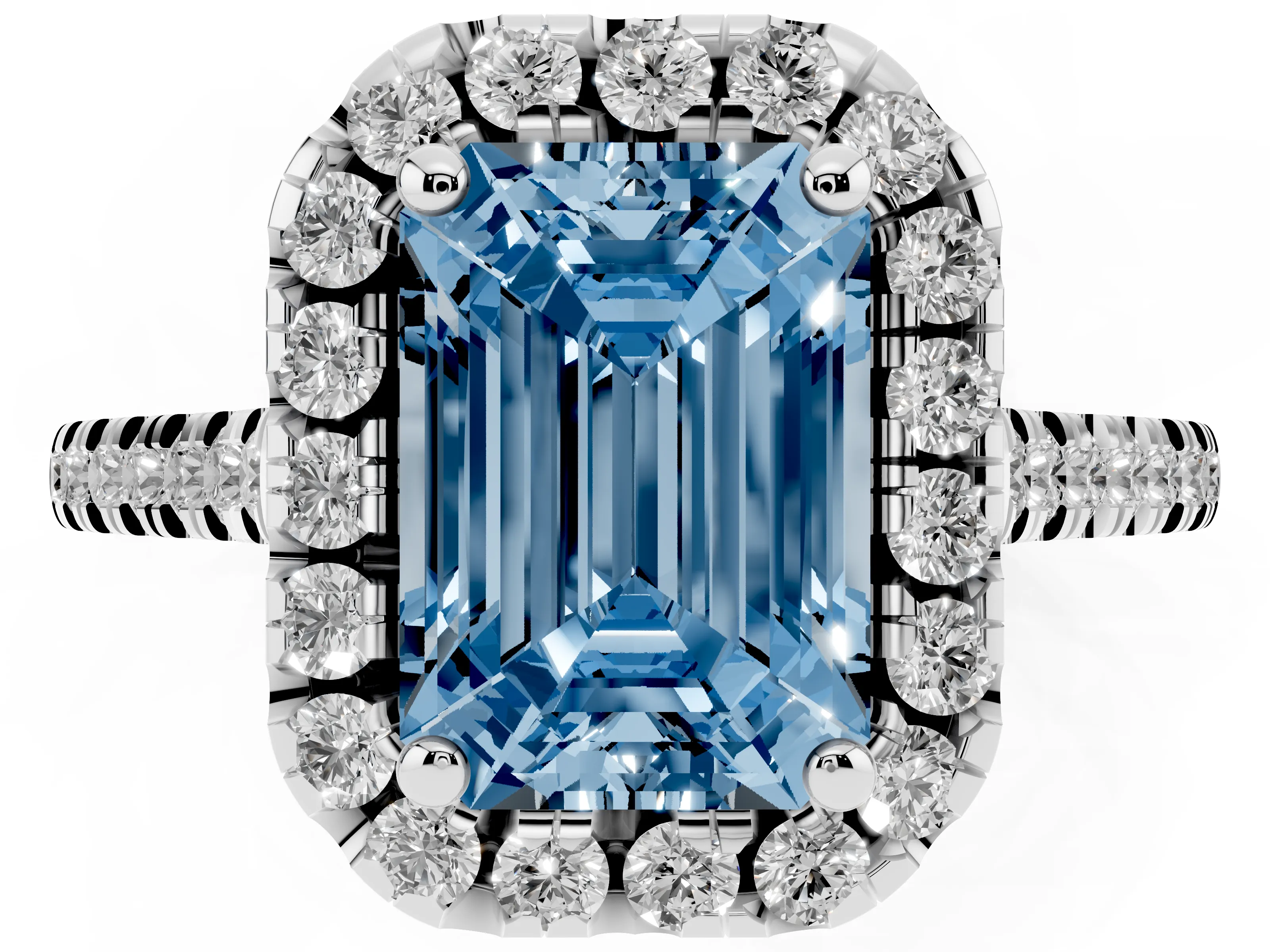 Fancy Blue Emerald Cut Diamond Cushion Halo Ring Set in Platinum with Pavé Band