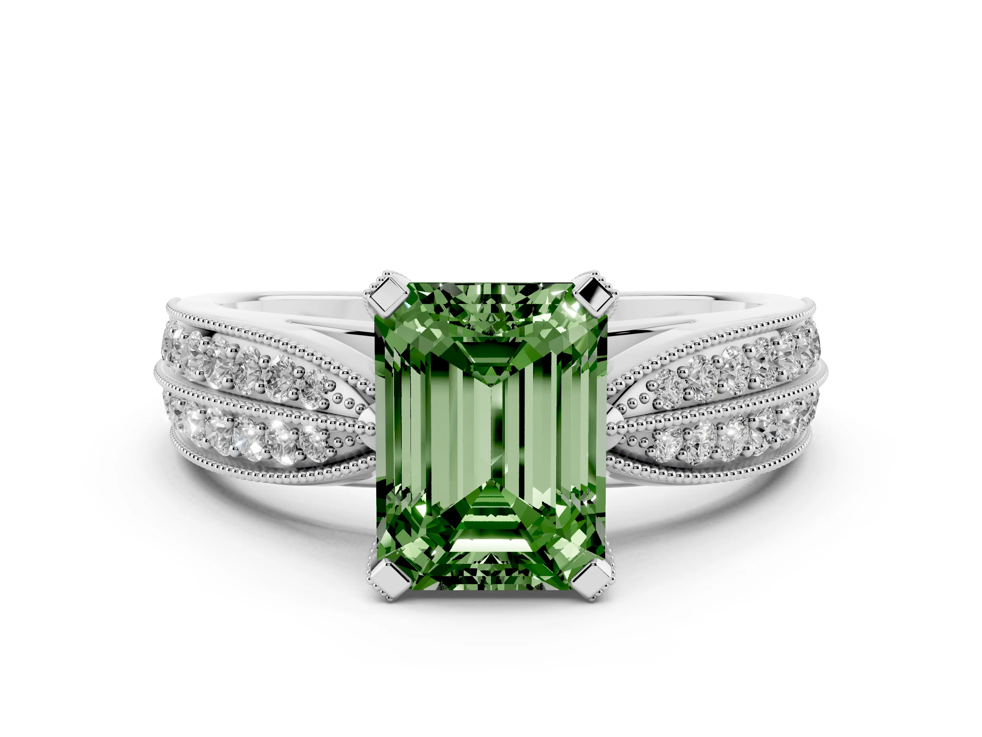 Fancy Green Emerald Cut Diamond Solitaire Ring Set in Platinum with Milgrain Double Row Round Pavé Band