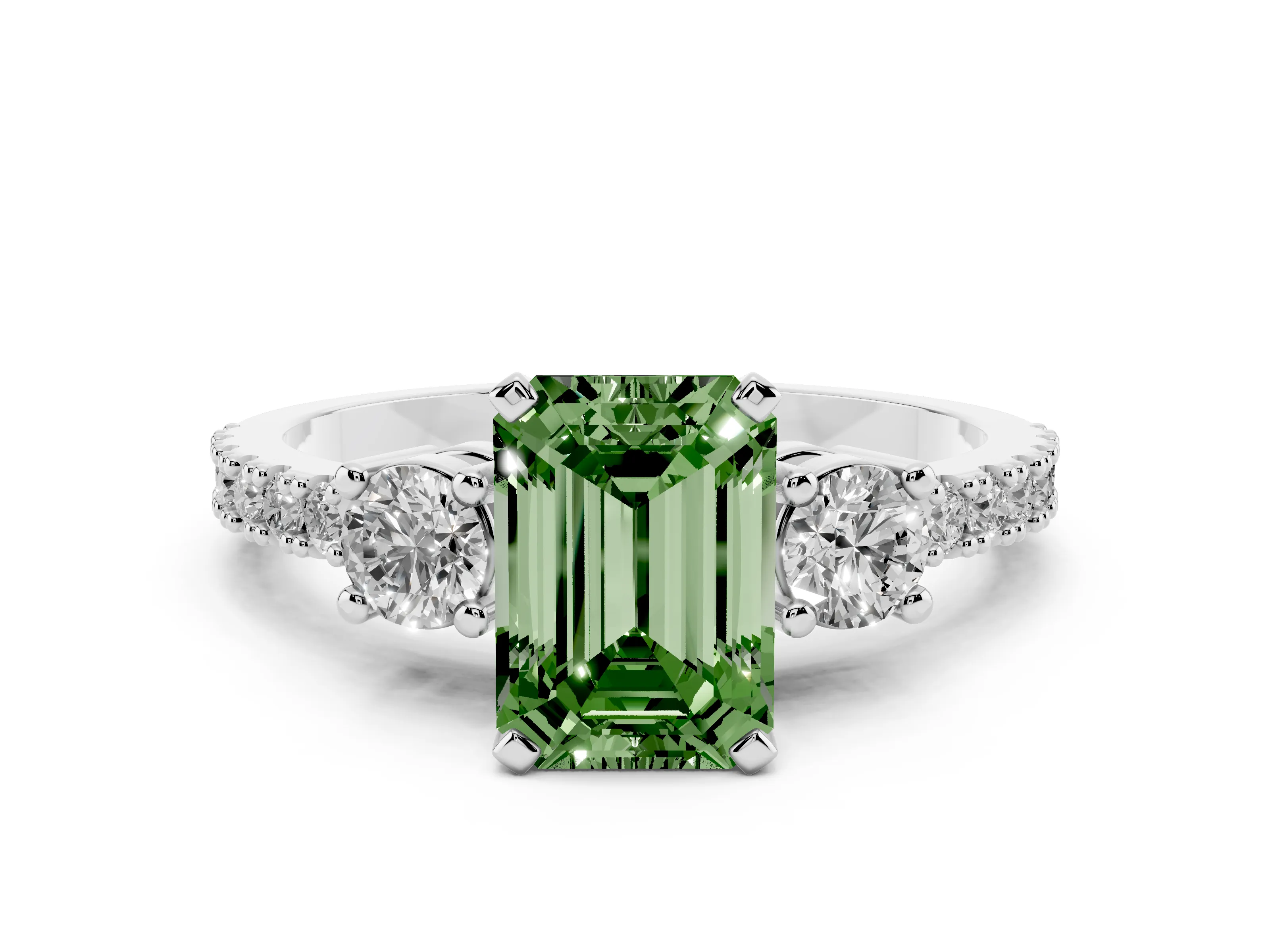 Fancy Green Three-Stone Emerald Cut Diamond Pavé Band Ring Set in White gold with Prong Setting