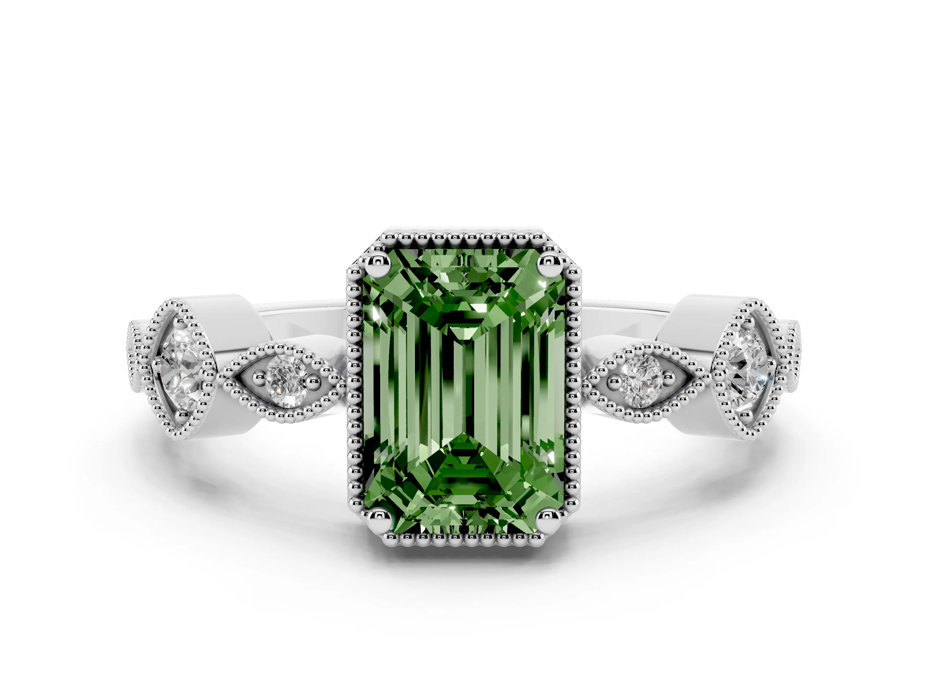 Fancy Green Emerald Cut Diamond Vintage-Inspired Milgrain Ring Set in Platinum with Marquise Stations of Round Accents