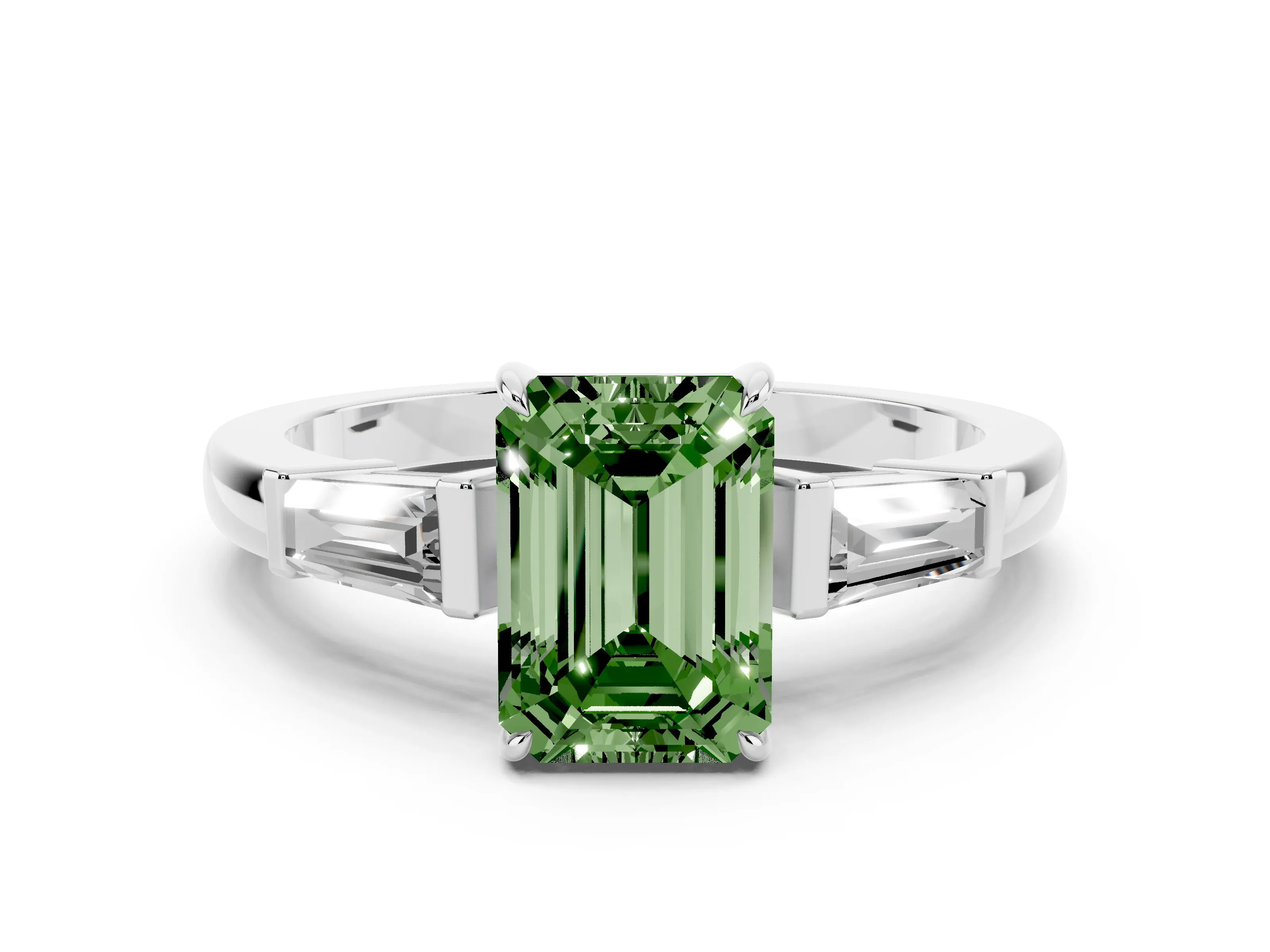 Fancy Green Emerald Cut Diamond Three-Stone Ring Set in Platinum with Tapered Baguette Side Stones and Prong Setting