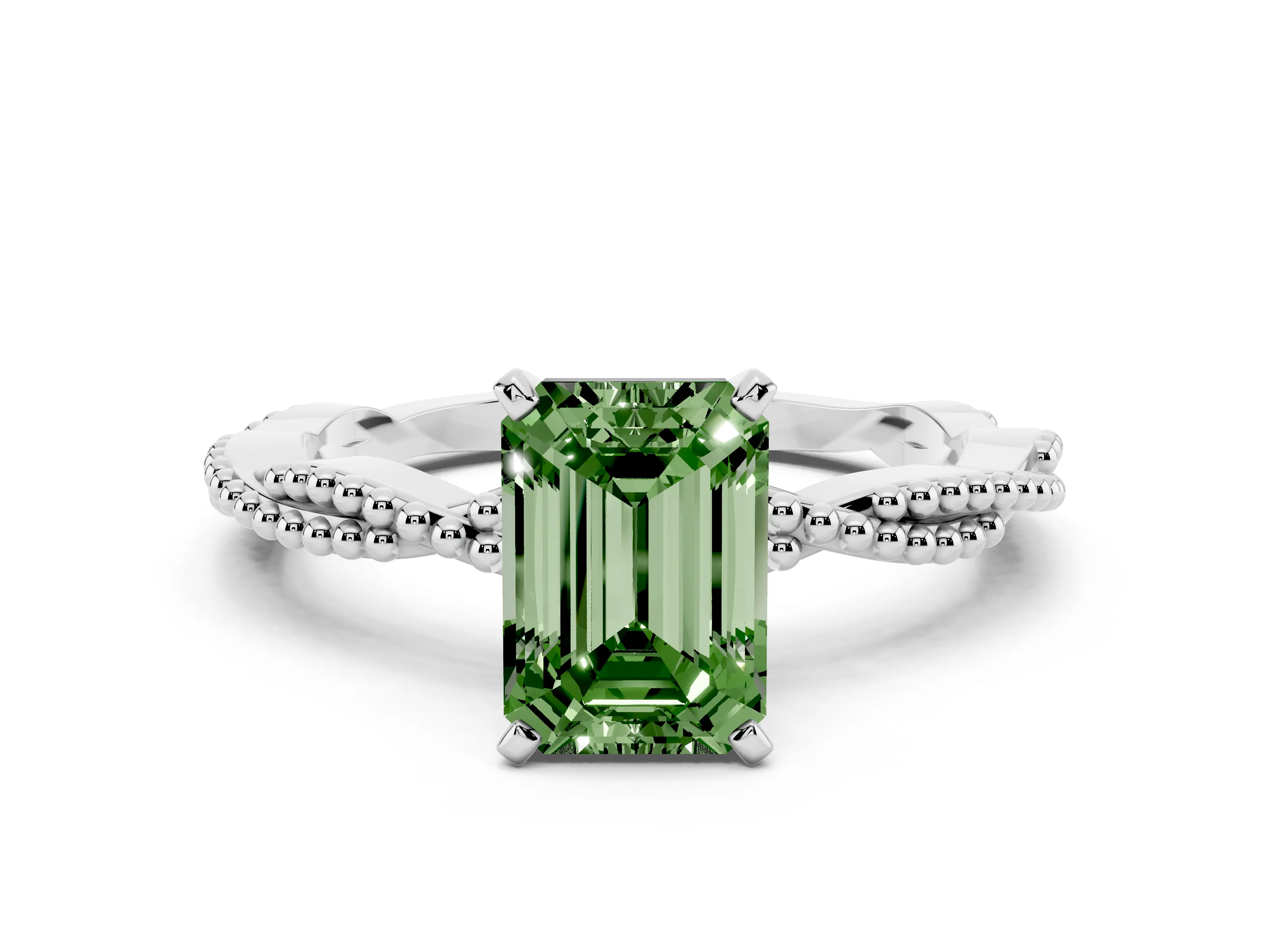 Fancy Green Emerald Cut Diamond Solitaire Ring Set in White gold with Twisted Band and Bead Prong Setting