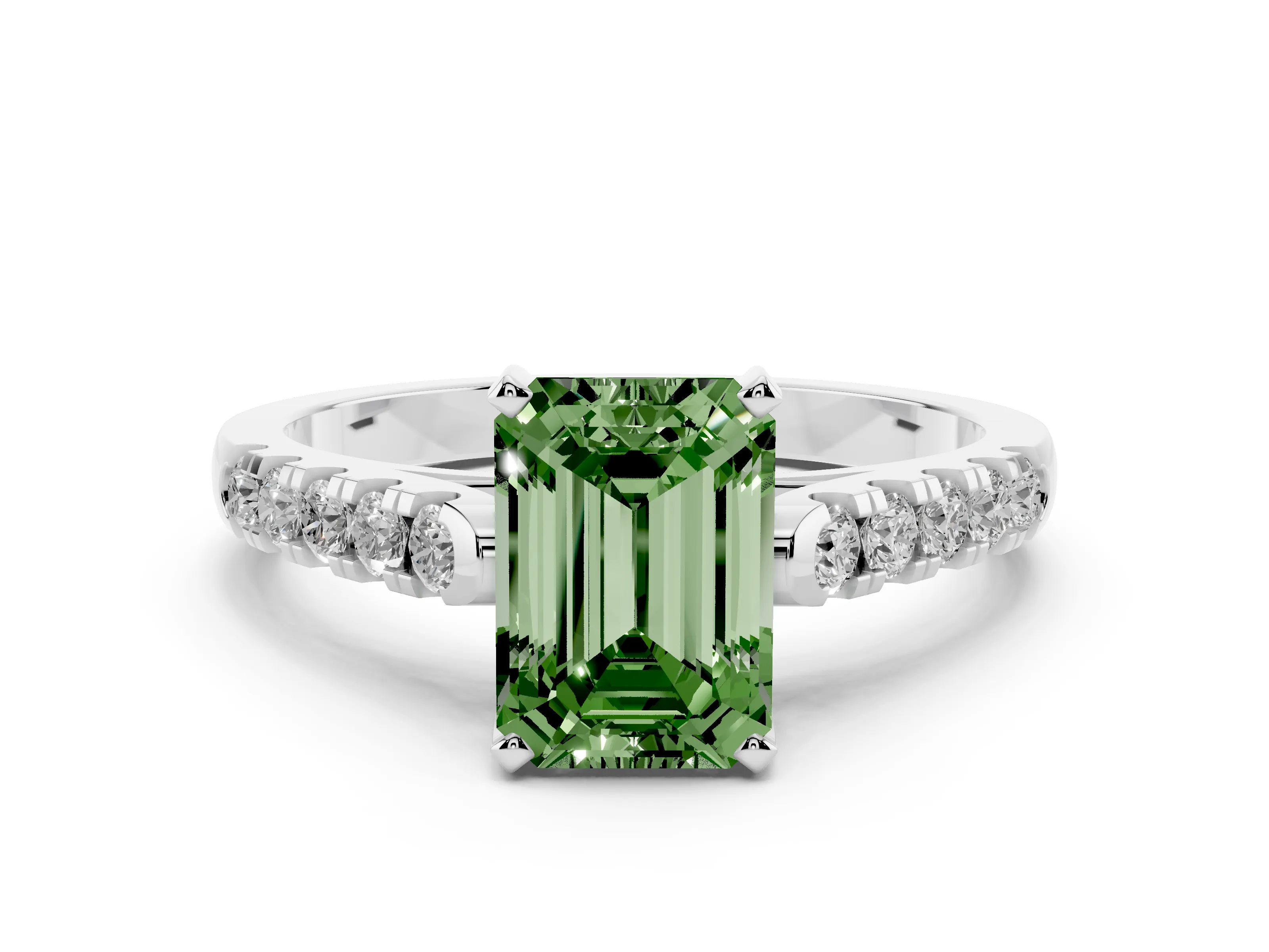 Fancy Green Emerald Cut Diamond Pavé Band Solitaire Ring Set in Silver with Partway Accent Stones and Prong Setting