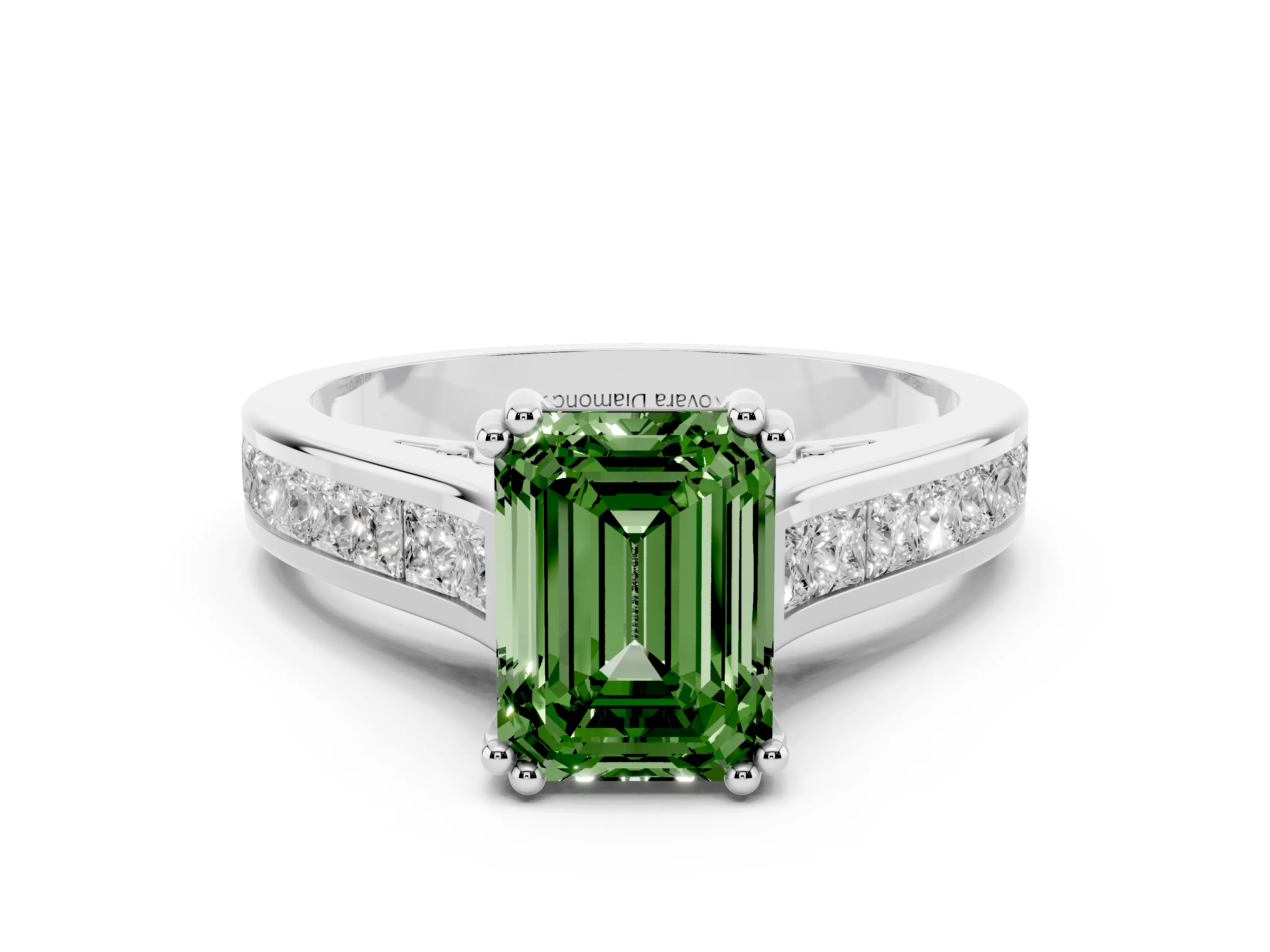 Fancy Green Emerald Cut Diamond Channel Set Solitaire Engagement Ring Set in Platinum with Prong Setting