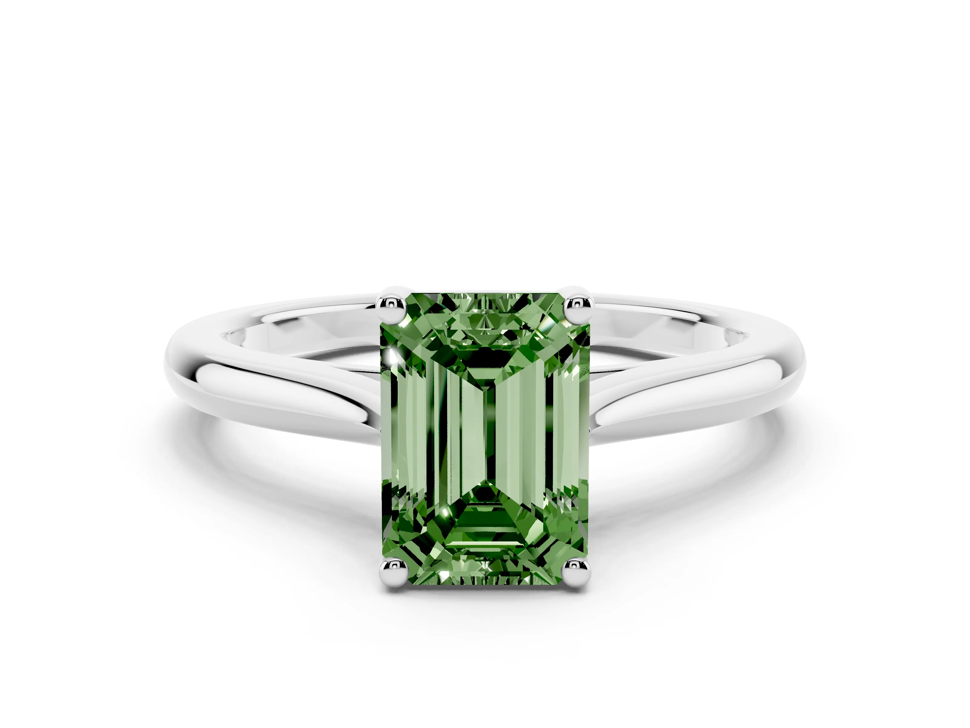 Fancy Green Emerald Cut Diamond Solitaire Ring Set in Silver with Cathedral Band and Prong Setting