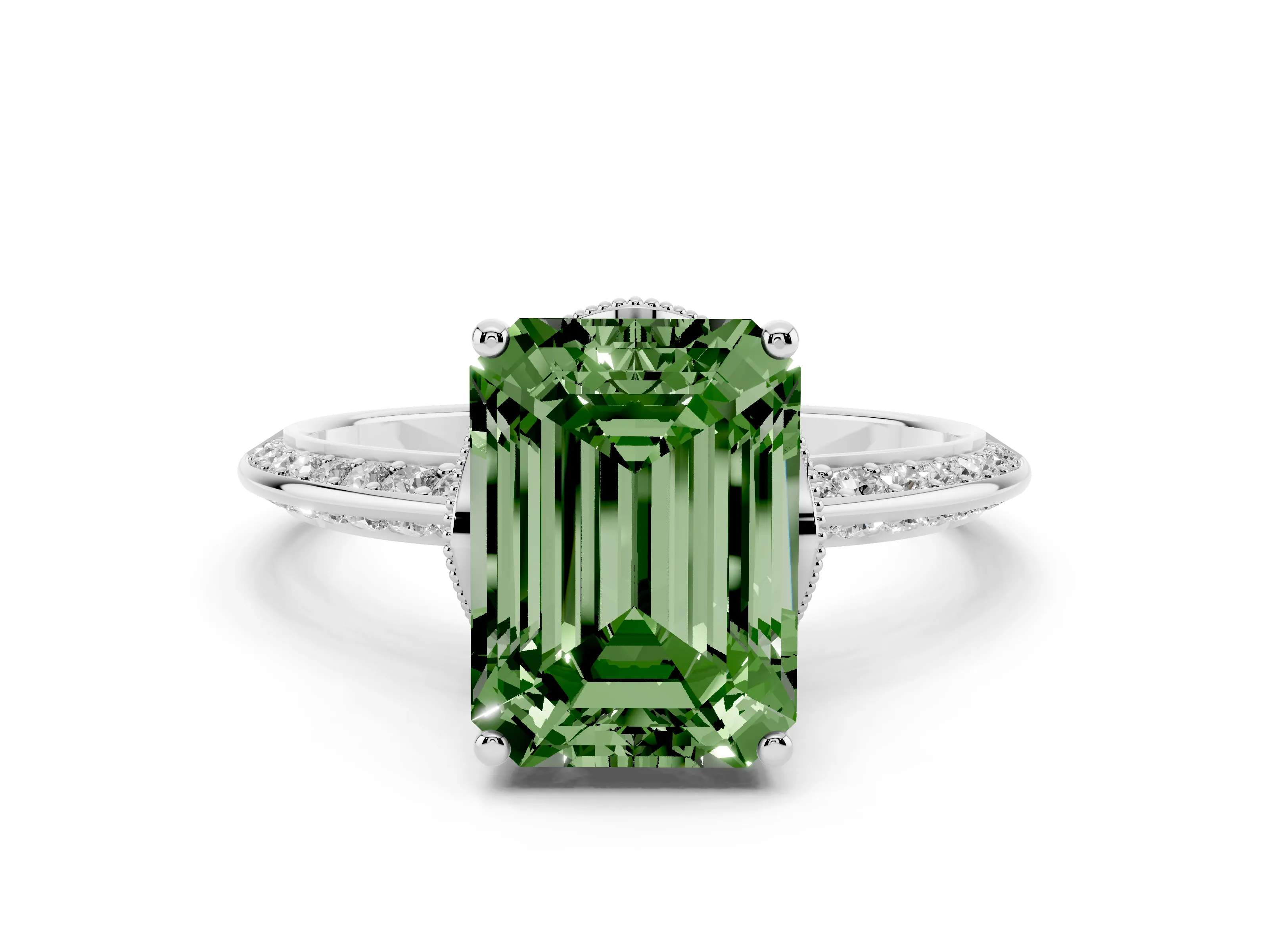 Fancy Green Emerald Cut Diamond Solitaire Engagement Ring Set in Platinum with Pavé Split Shank and Prong Setting