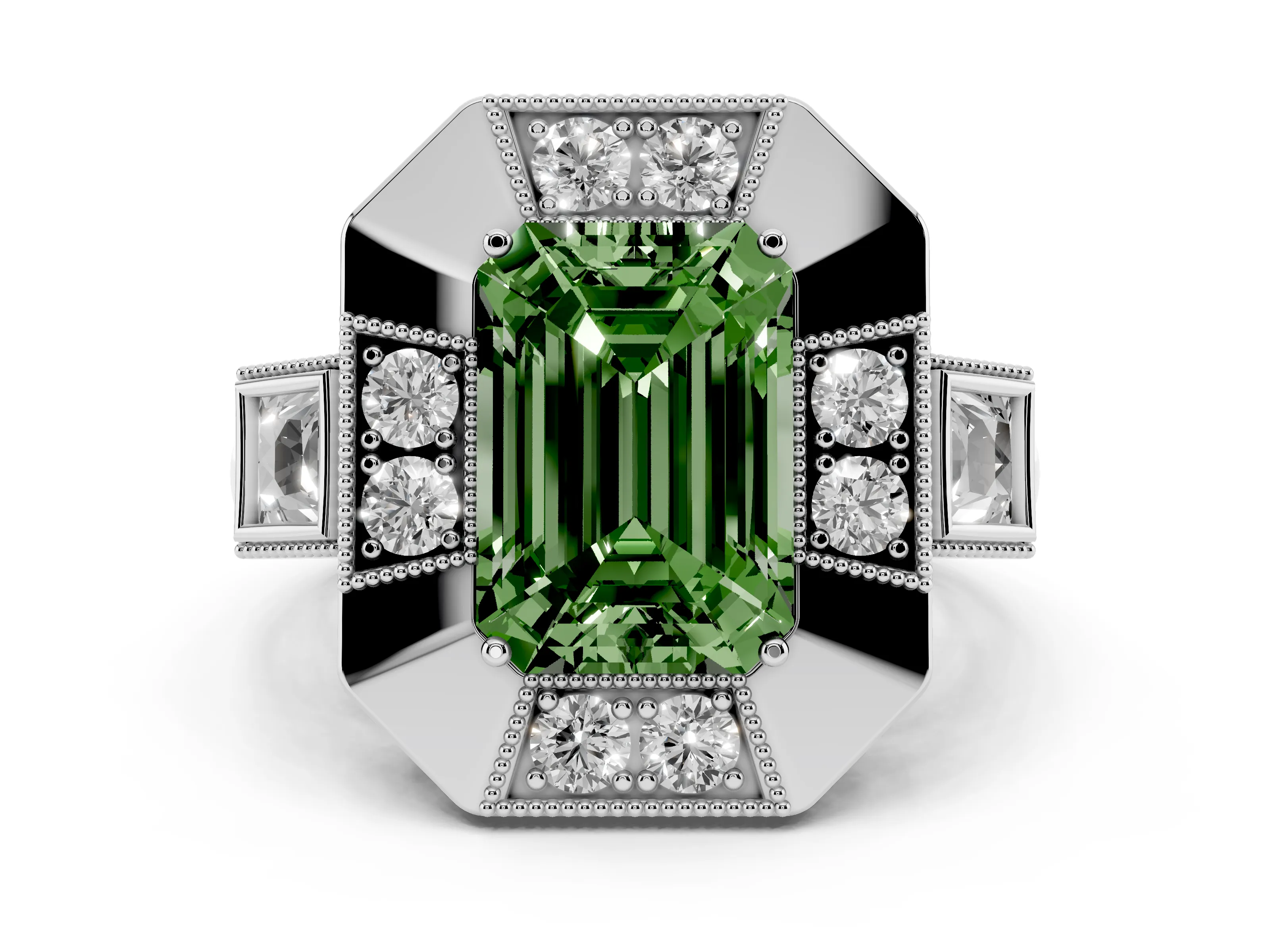 Fancy Green Emerald Cut Diamond Milgrain Halo Ring Set in Silver with Split Shank