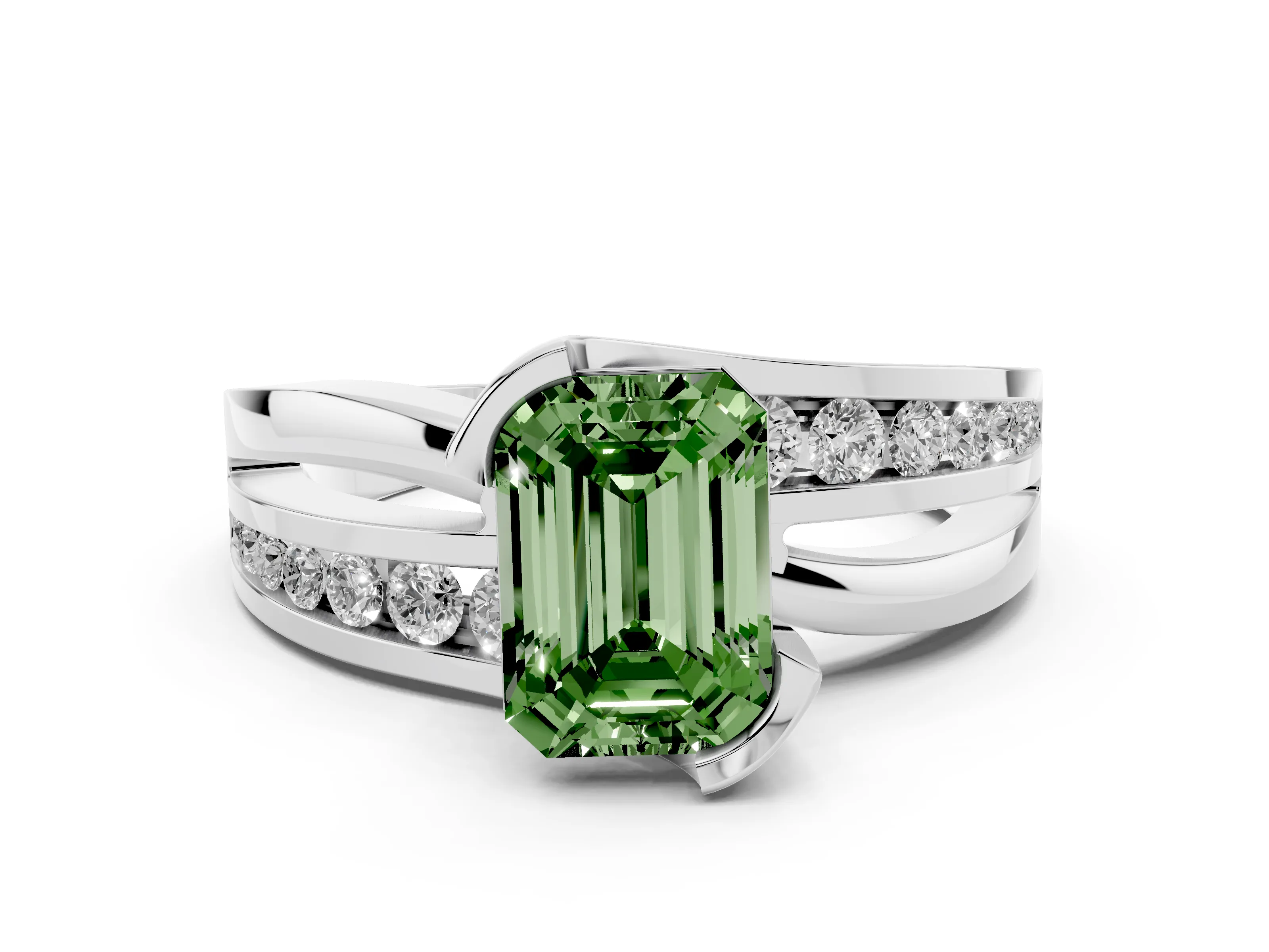 Fancy Green Emerald Cut Diamond Solitaire Ring Set in Platinum with Channel Set Split Shank and Tension Prongs