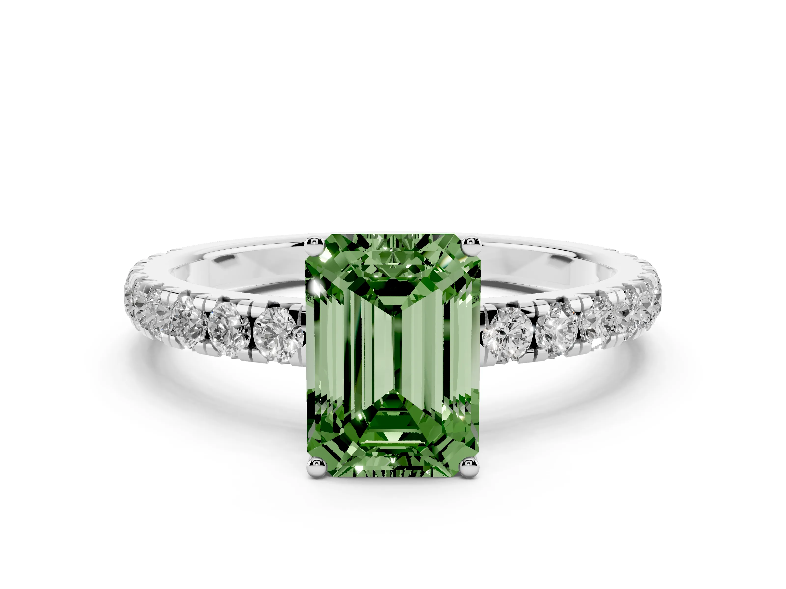 Fancy Green Emerald Cut Diamond Pavé Solitaire Engagement Ring Set in Platinum with Prong Setting