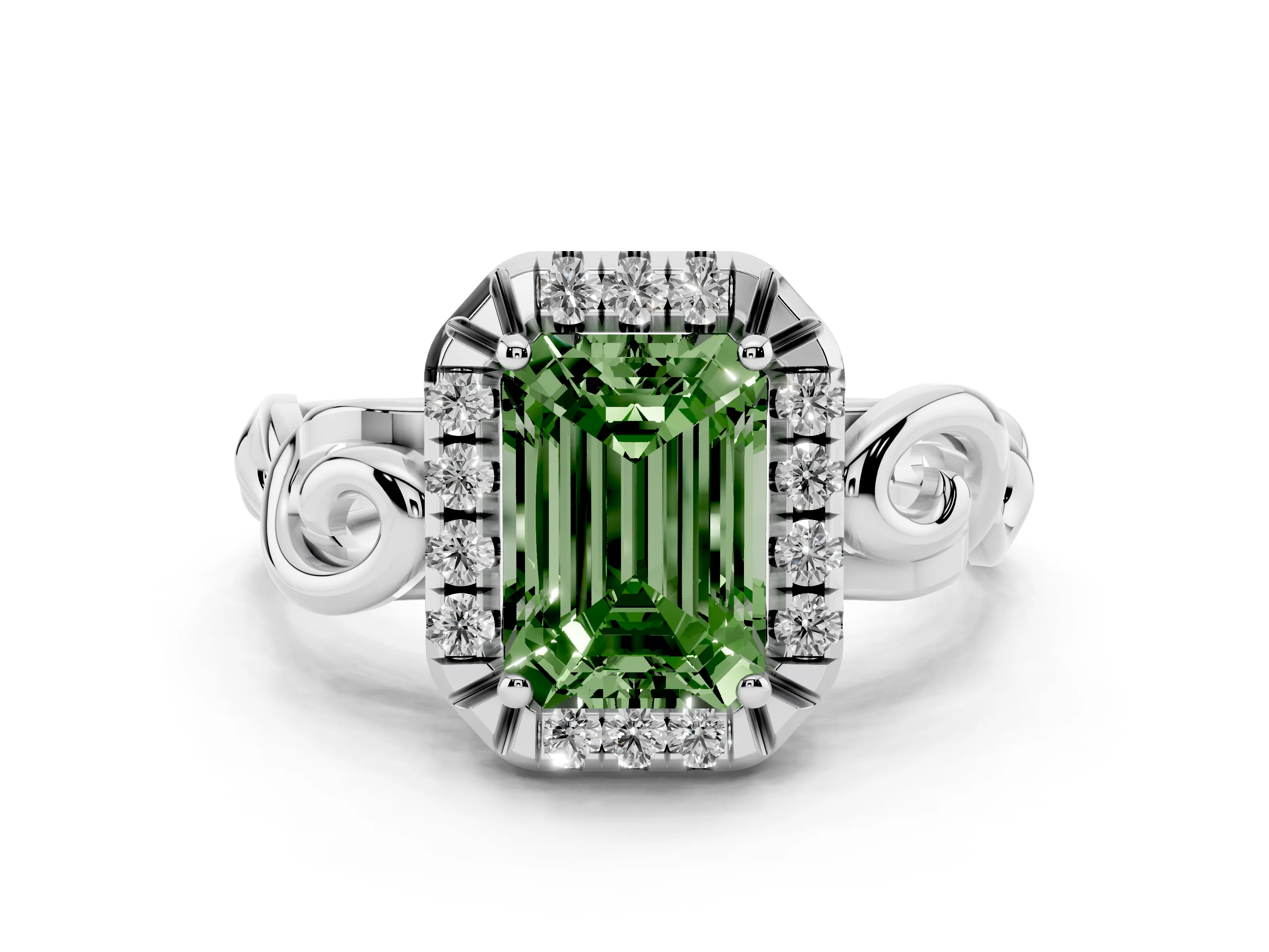 Fancy Green Emerald Cut Diamond Halo Ring Set in Platinum with Scrollwork Band and Prong Setting