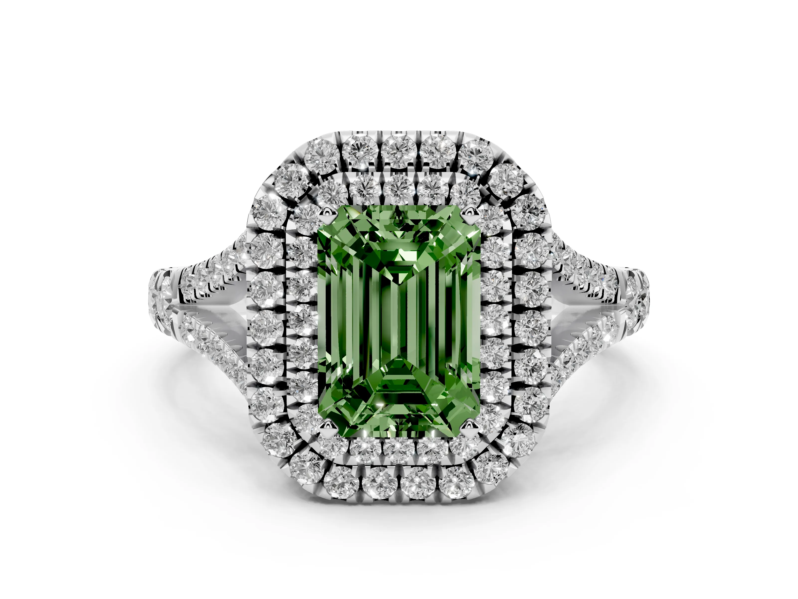Fancy Green Emerald Cut Diamond Pavé Split Shank Double Halo Engagement Ring Set in Platinum