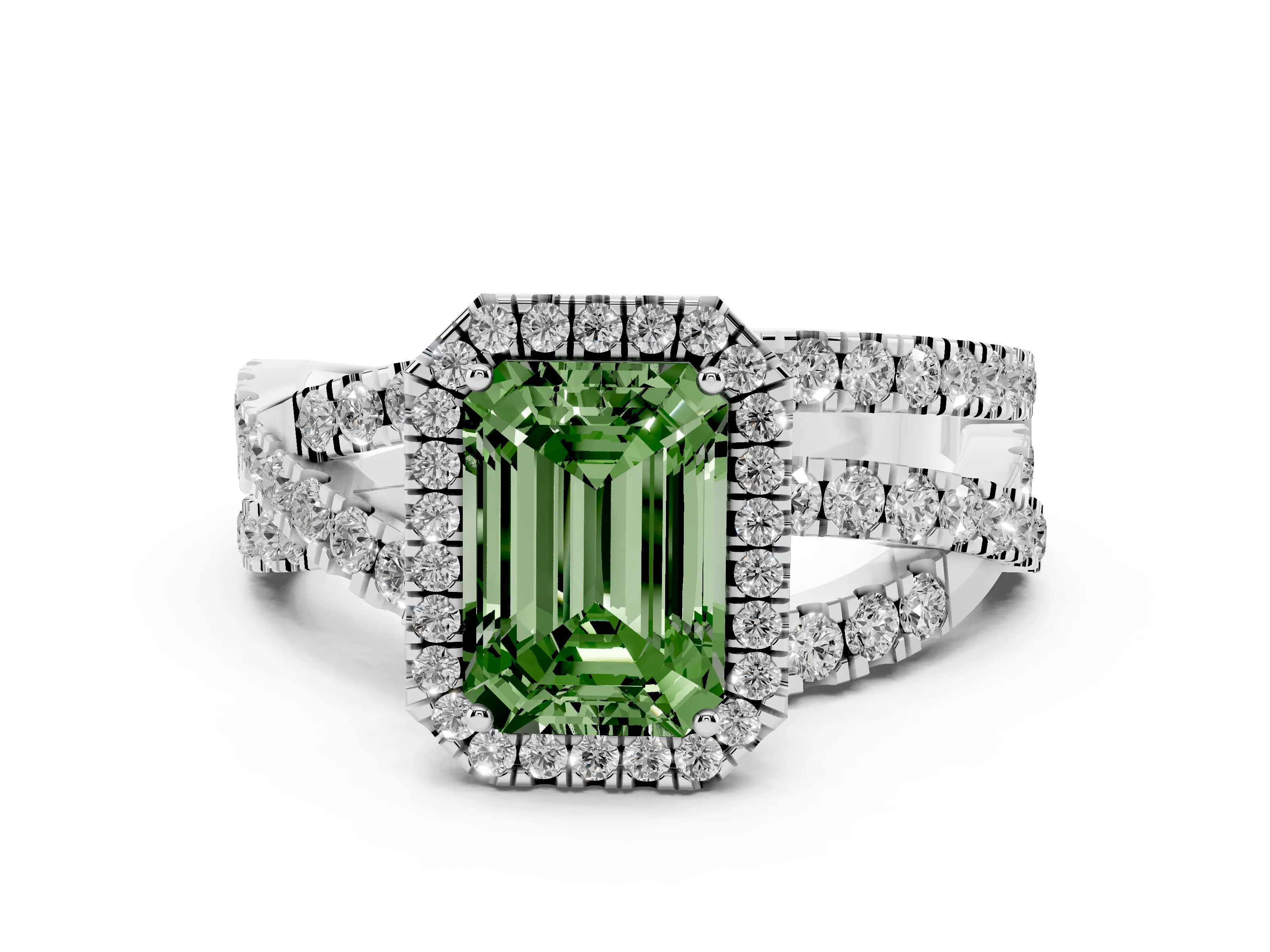Fancy Green Emerald Cut Diamond Halo Ring Set in Platinum with Round Crossover Split Shank and Prong Setting