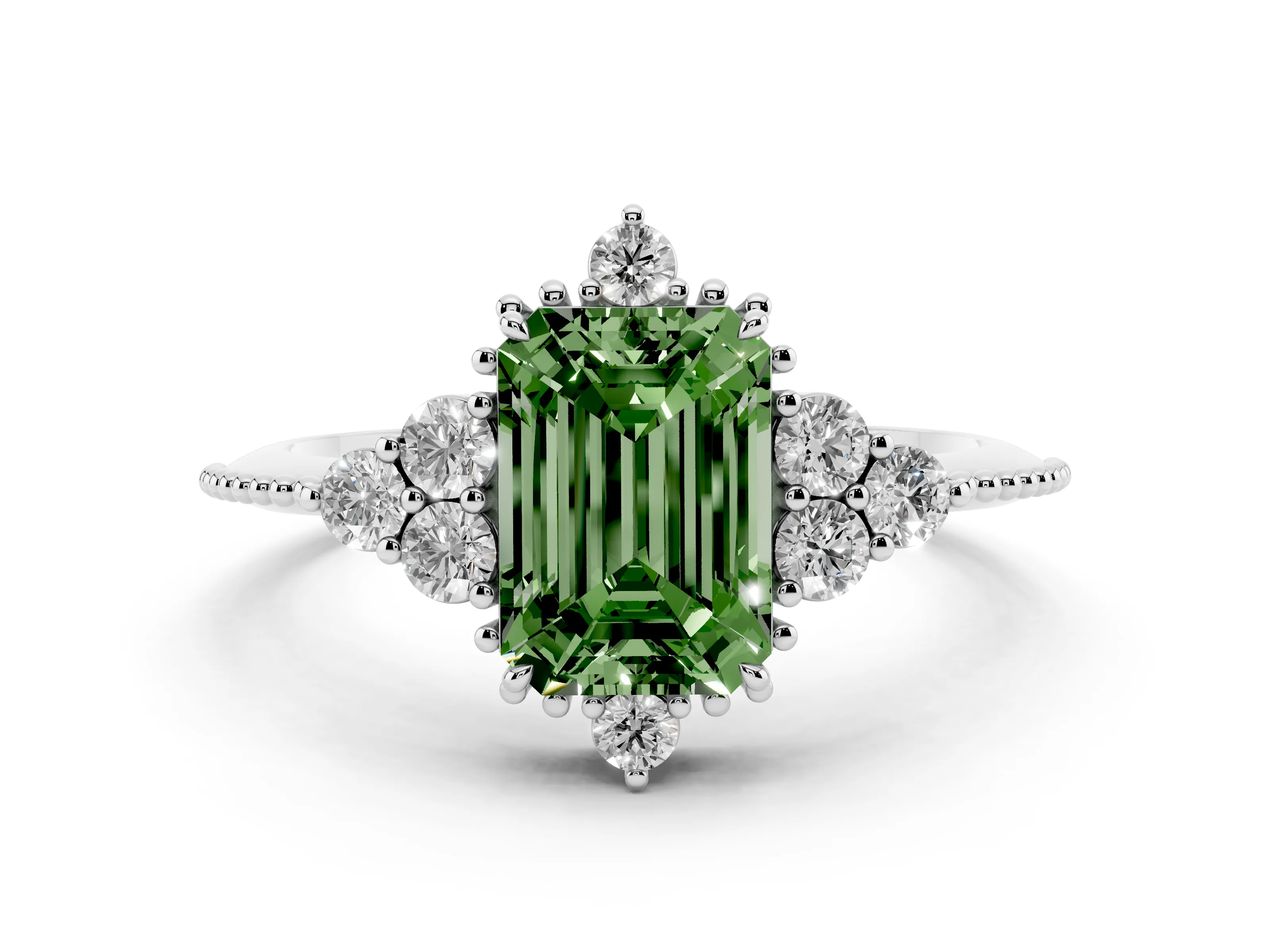 Fancy Green Emerald Cut Diamond Cluster Ring Set in Silver with Beaded Band