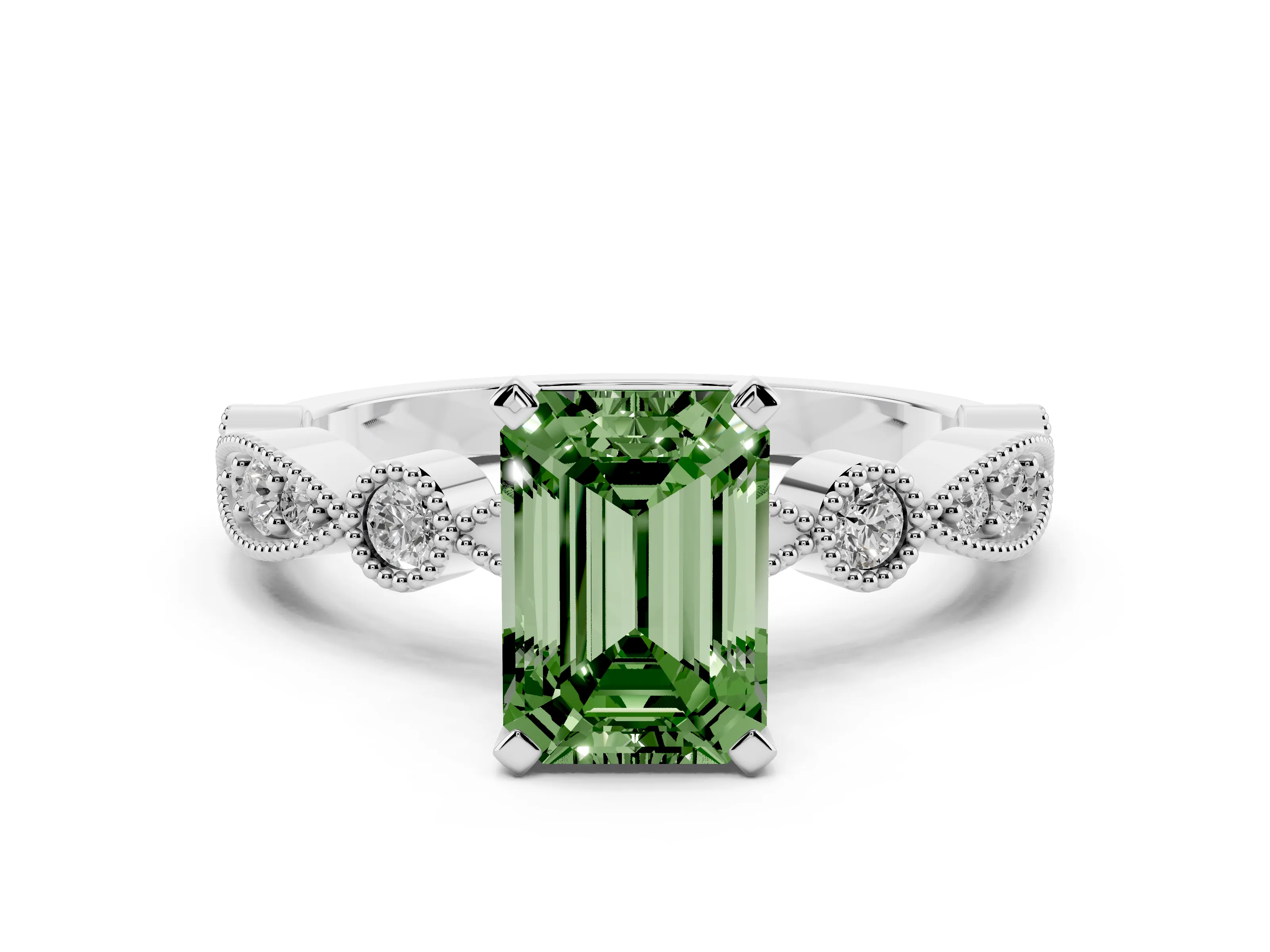 Fancy Green Emerald Cut Diamond Solitaire Engagement Ring Set in Silver with Milgrain Bezel Accent Band