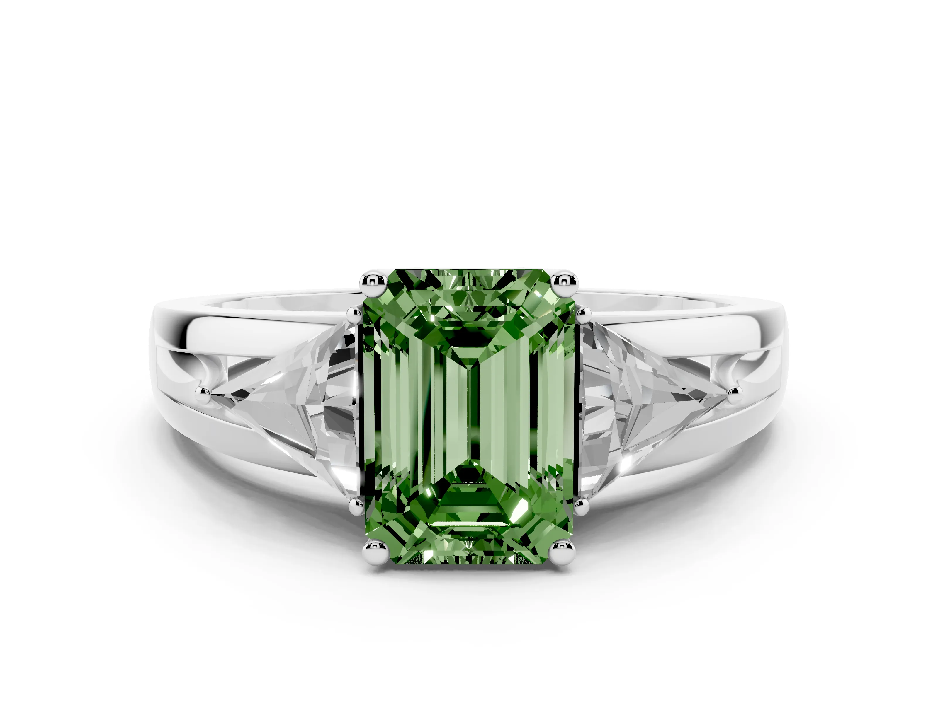 Fancy Green Emerald Cut Diamond Three-Stone Ring Set in White gold with Trillion Side Stones and Split Shank