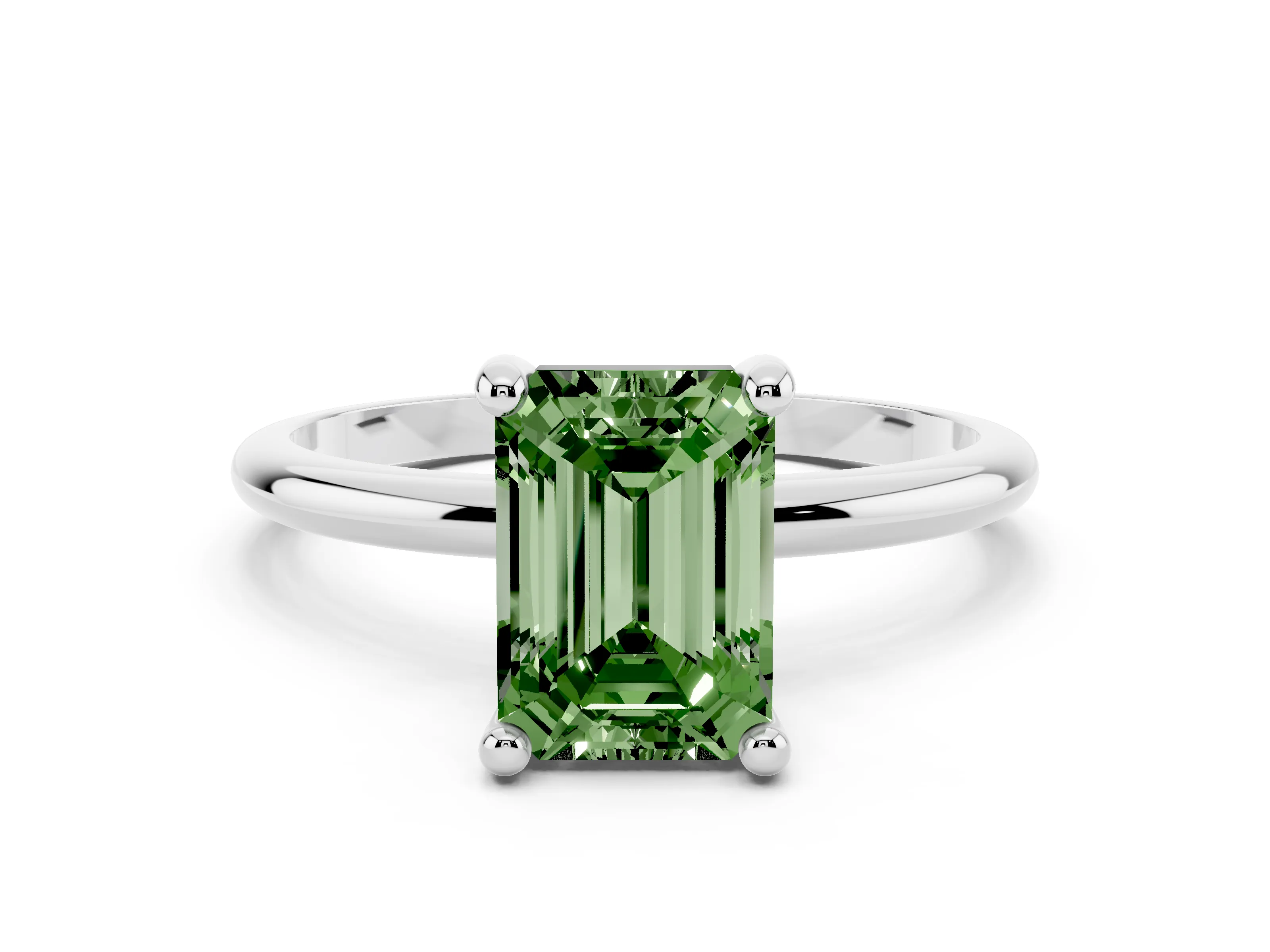 Fancy Green Emerald Cut Diamond Solitaire Ring Set in Platinum with Secure Prong Setting on a Classic Band