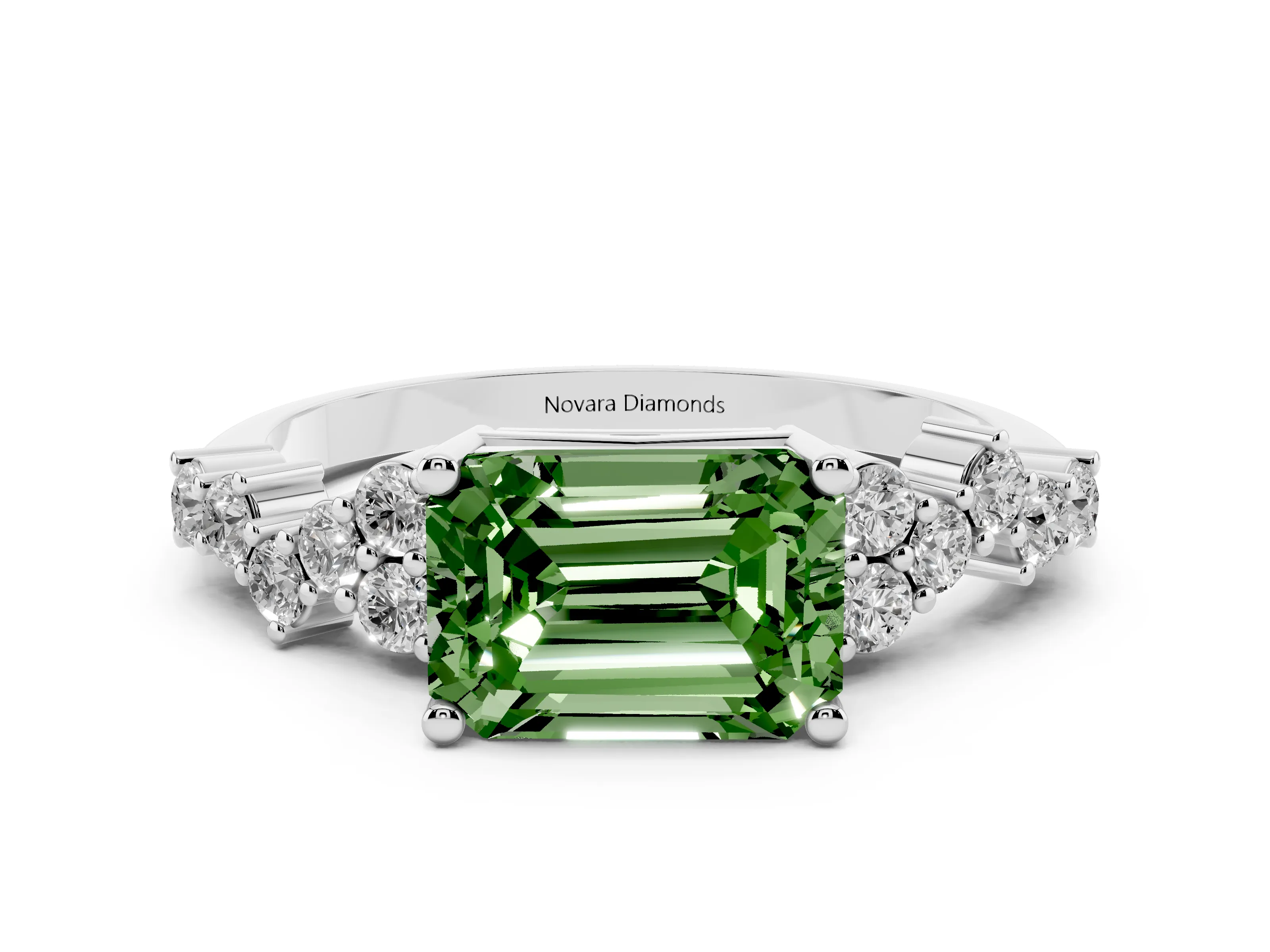 Fancy Green Emerald Cut Diamond Ring Set in Platinum with Scattered Round Accents