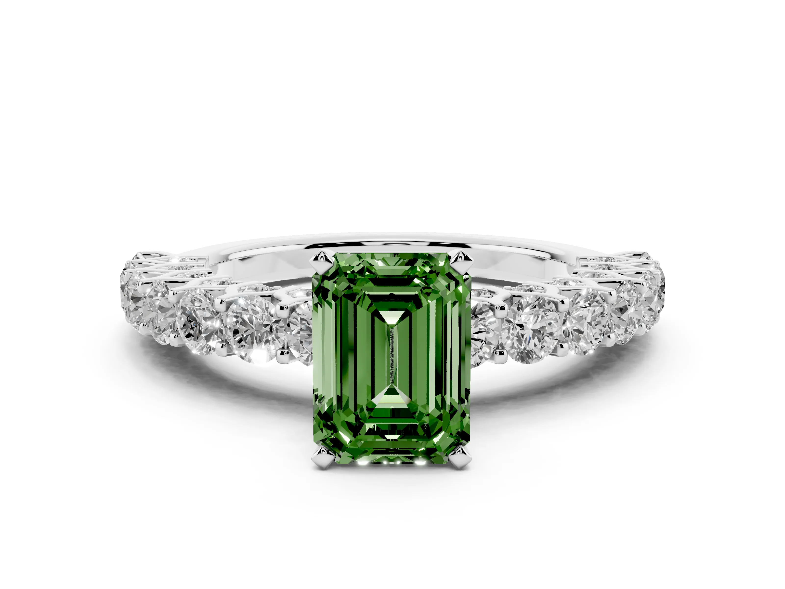 Fancy Green Emerald Cut Diamond Solitaire Ring Set in Silver with Shared Prong Pavé Band