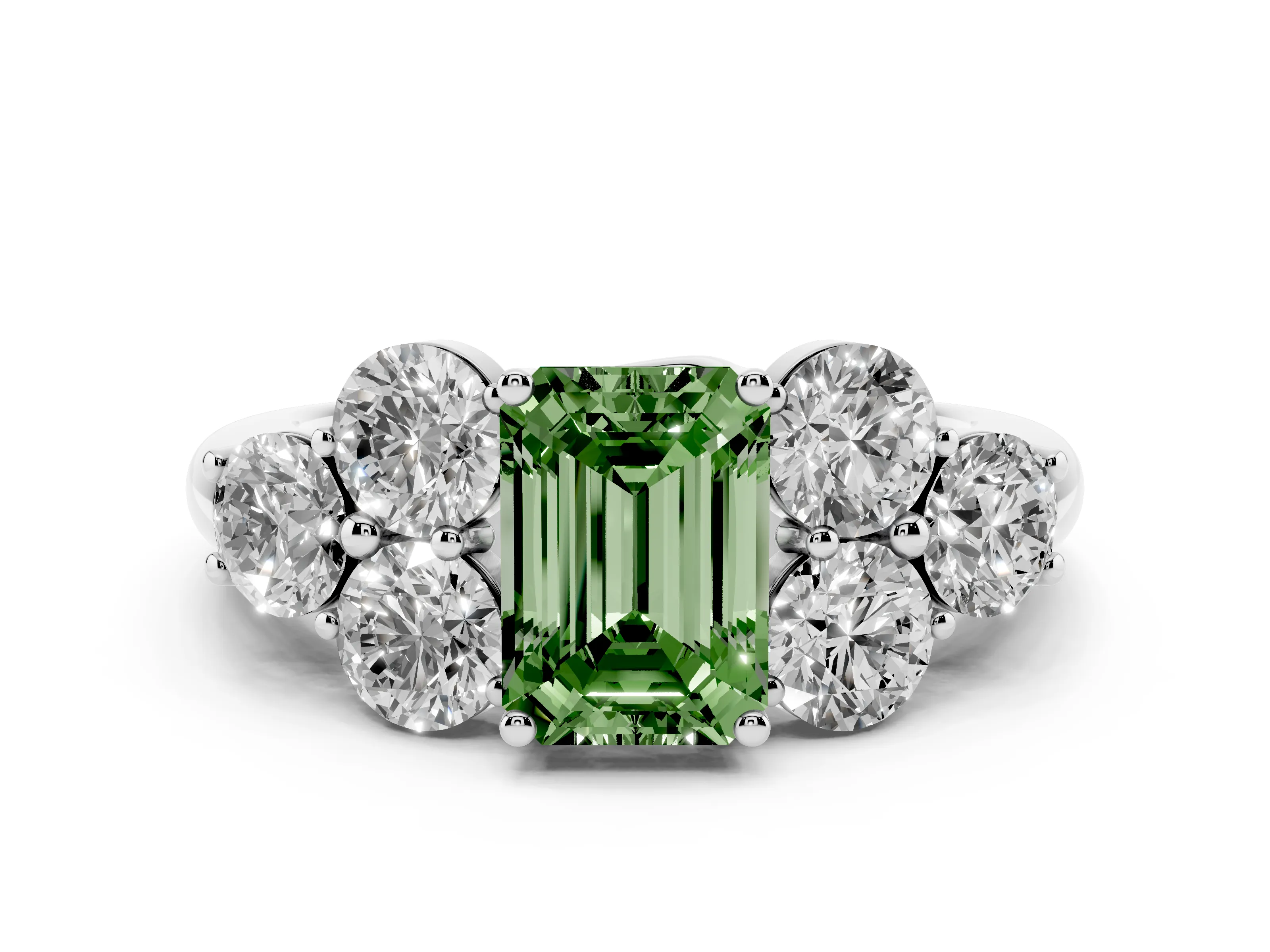 Fancy Green Emerald Cut Diamond Cluster Ring Set in Silver with Round Accent Stones and Prong Setting on a Plain Band
