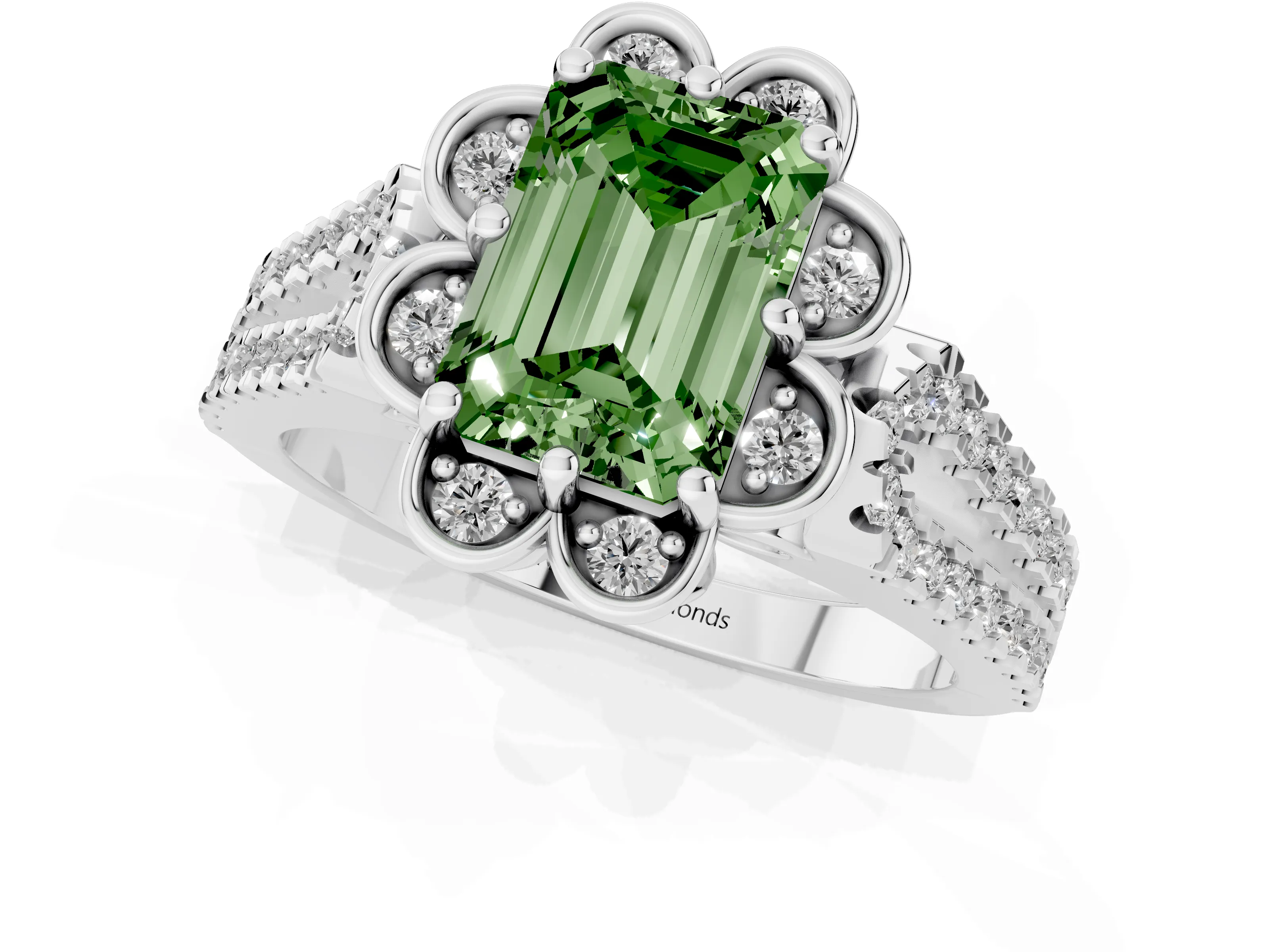 Fancy Green Emerald Cut Diamond Floral Halo Split Shank Engagement Ring Set in Silver with Pavé Shank