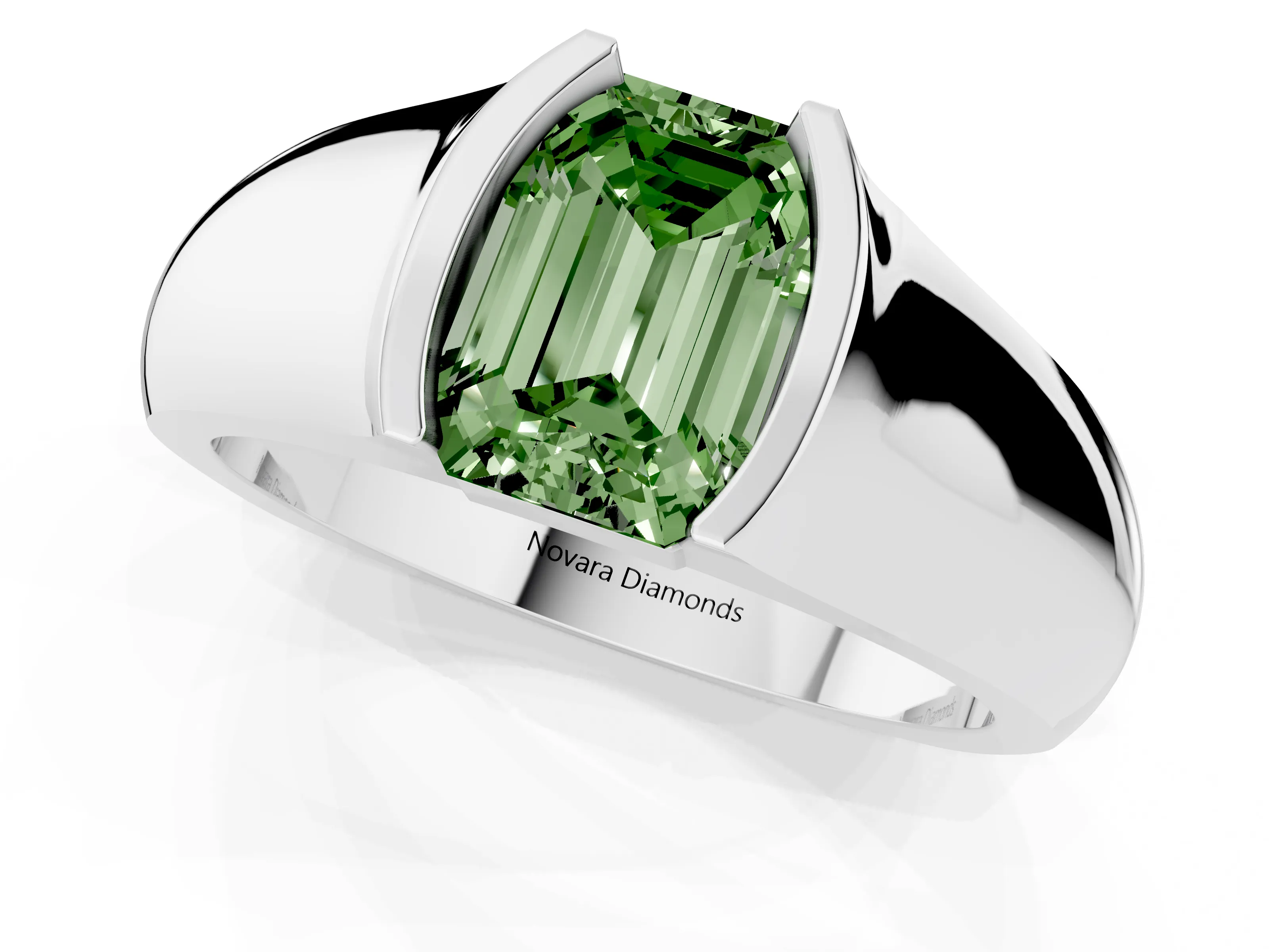 Fancy Green Emerald Cut Diamond Bezel Solitaire Ring Set in Silver with Wide Band