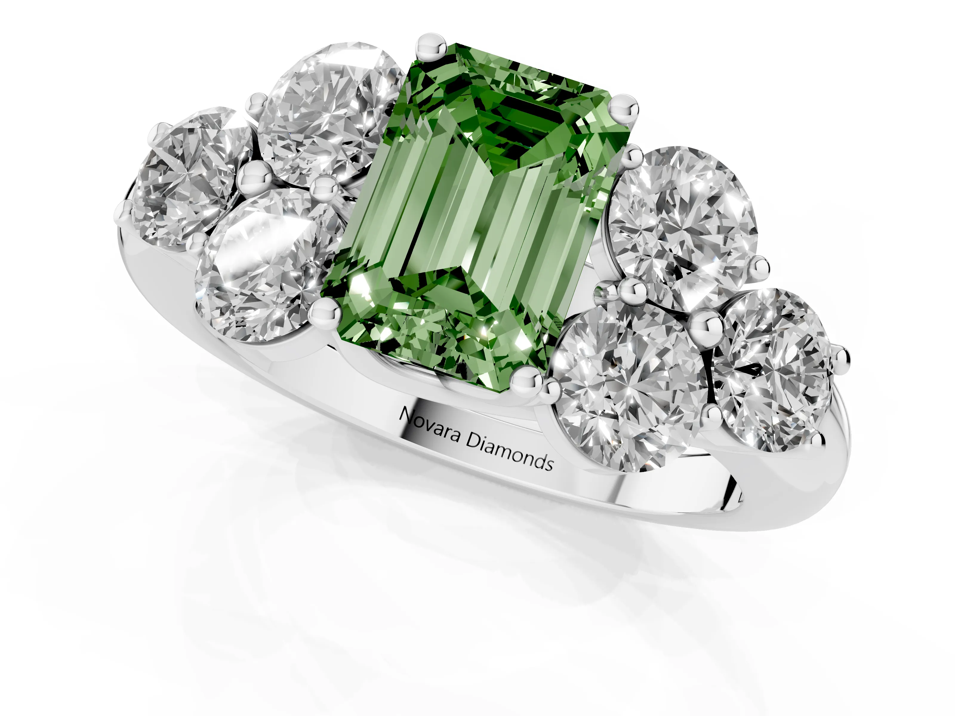 Fancy Green Emerald Cut Diamond Cluster Ring Set in Silver with Round Accent Stones and Prong Setting on a Plain Band