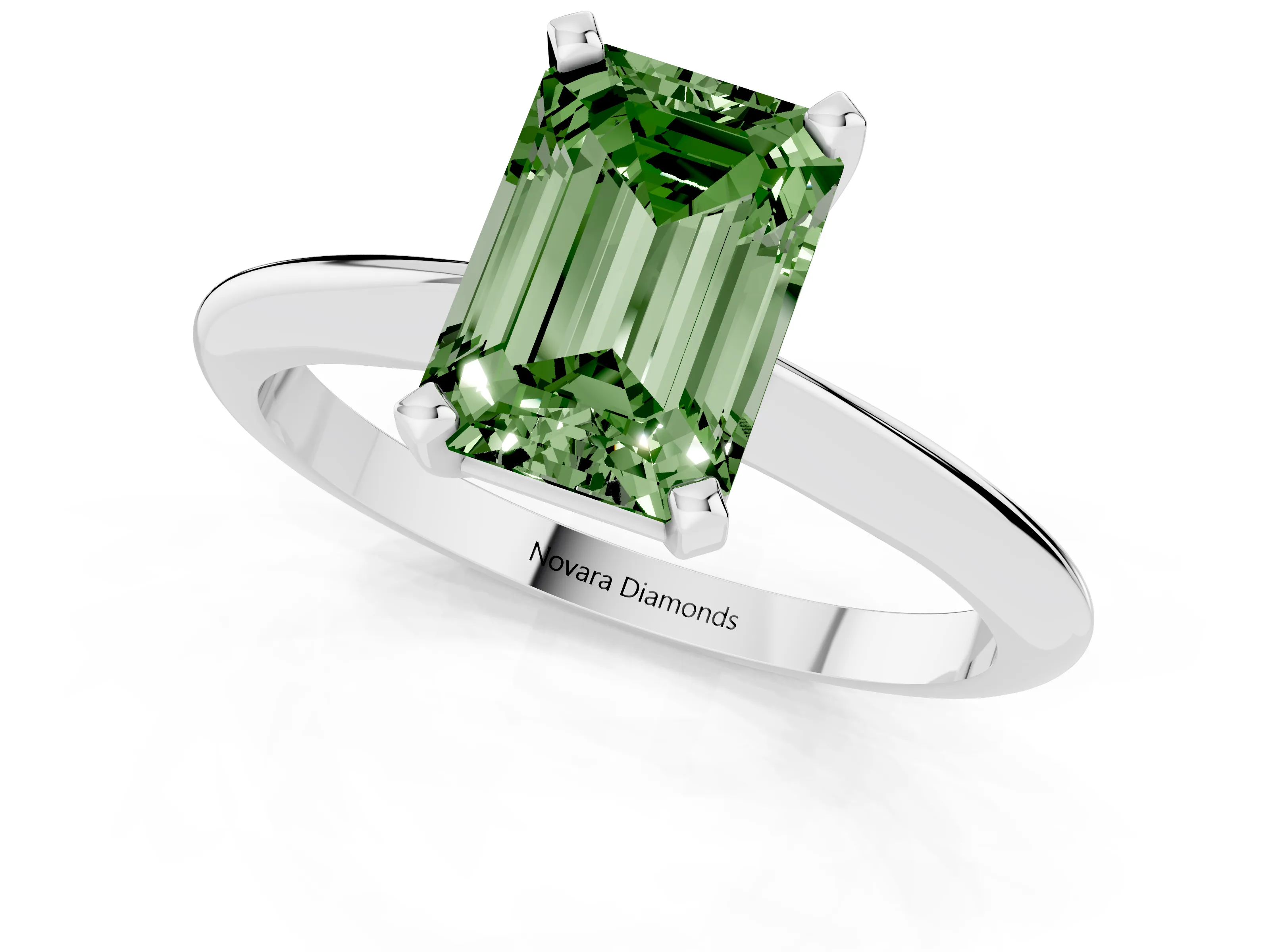 Fancy Green Emerald Cut Diamond Solitaire Ring Set in Platinum with Prong Setting on a Plain Round Band