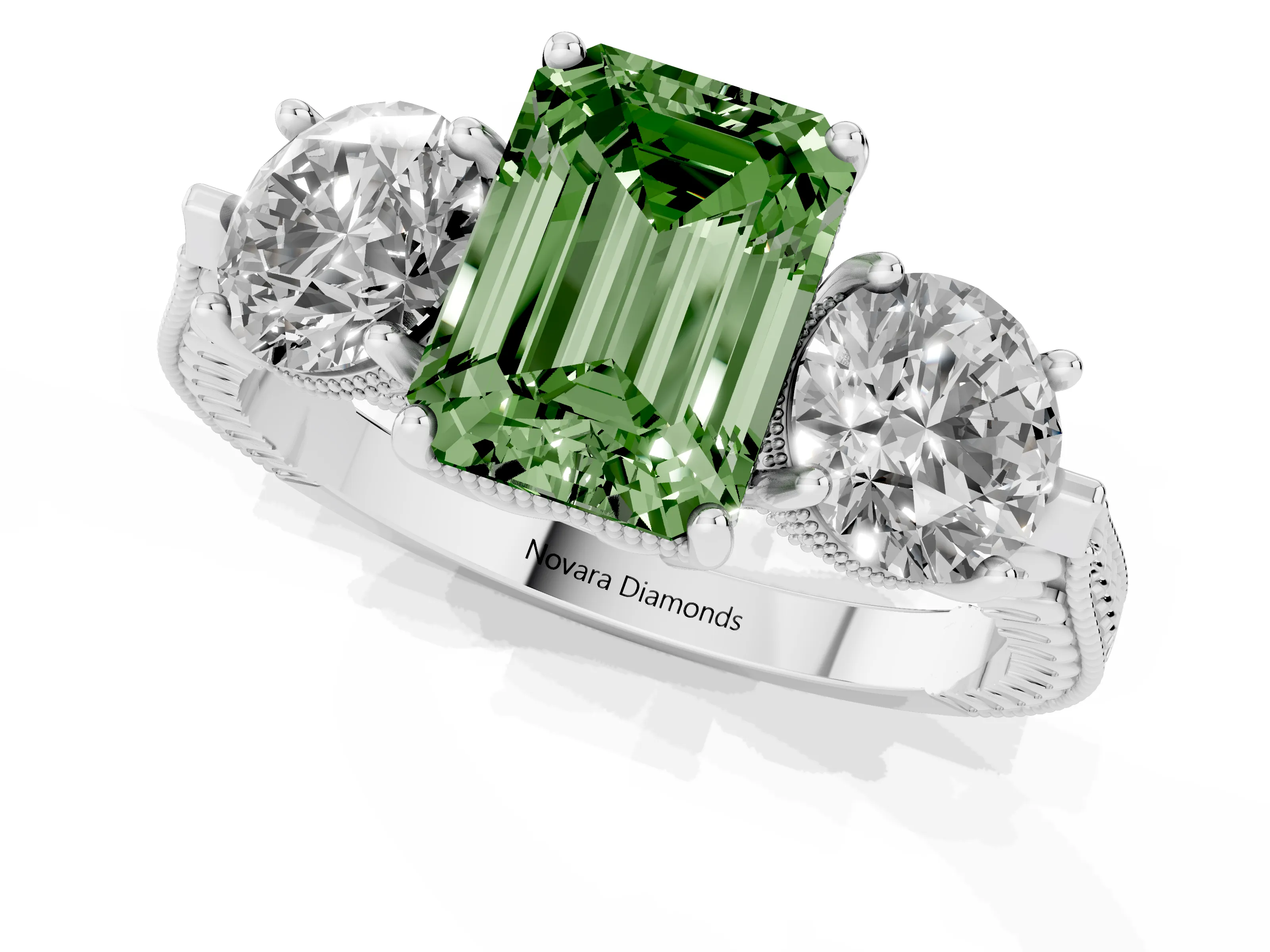 Fancy Green Emerald Cut Diamond Three-Stone Ring Set in Silver with Milgrain Band