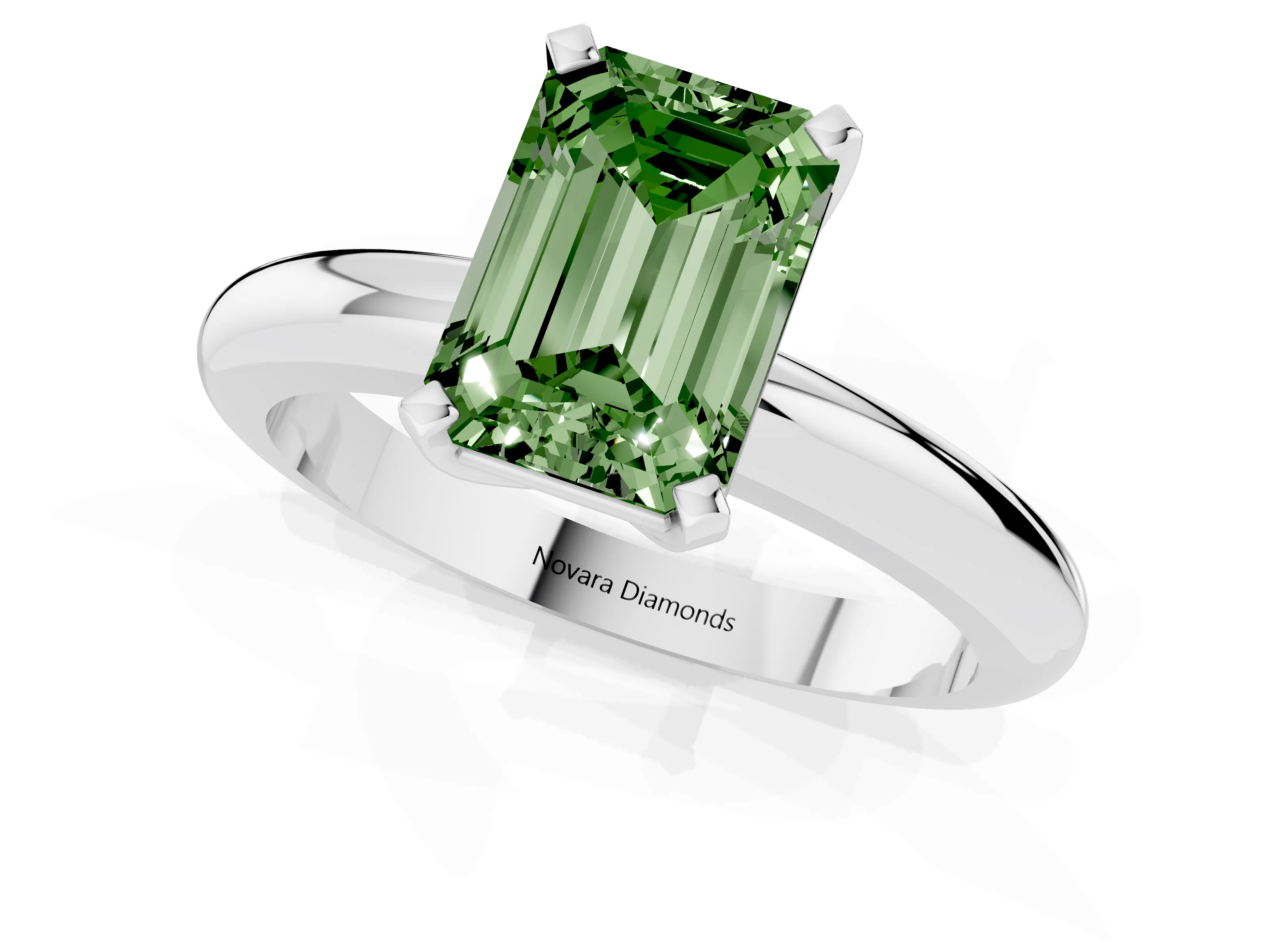 Fancy Green Emerald Cut Diamond Solitaire Engagement Ring Set in Silver with Round Band and Prong Setting