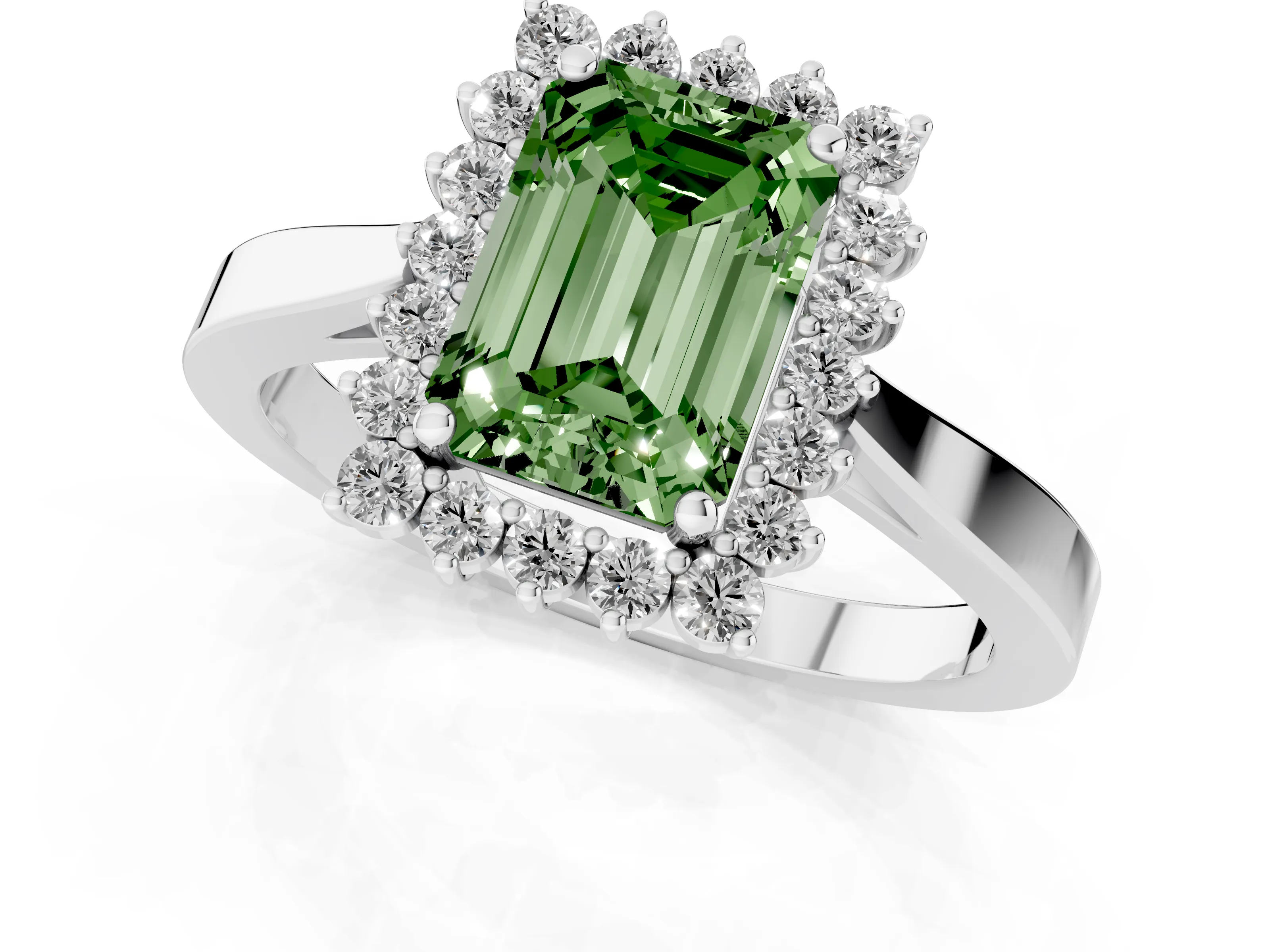 Fancy Green Emerald Cut Diamond Halo Ring Set in Platinum with Round Halo and Smooth Solitaire Band