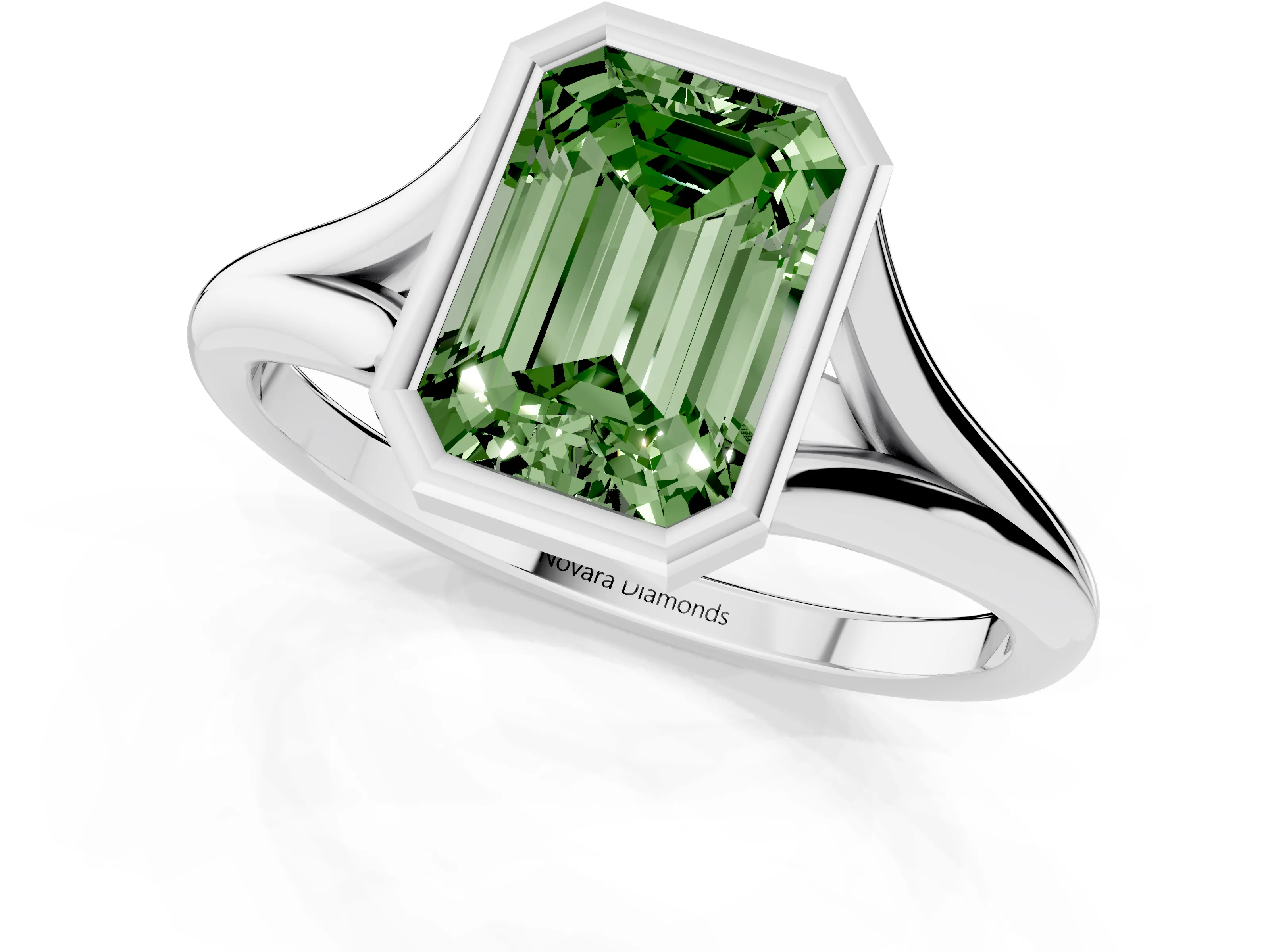 Fancy Green Bezel Set Emerald Cut Diamond Solitaire Ring Set in Platinum with Tapered Band