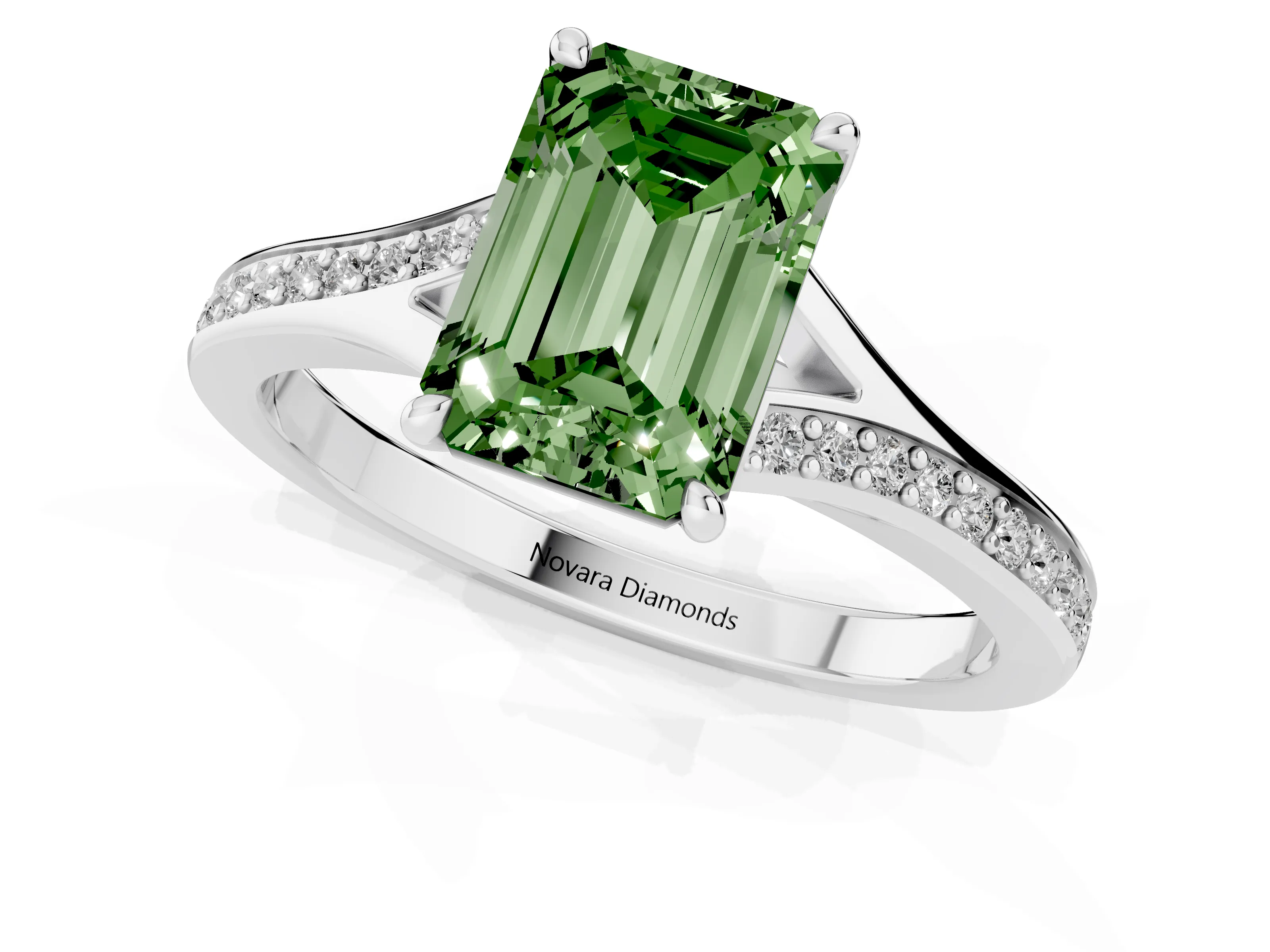Fancy Green Emerald Cut Diamond Solitaire Ring Set in Silver with Pavé Accent Band and Classic Prong Setting