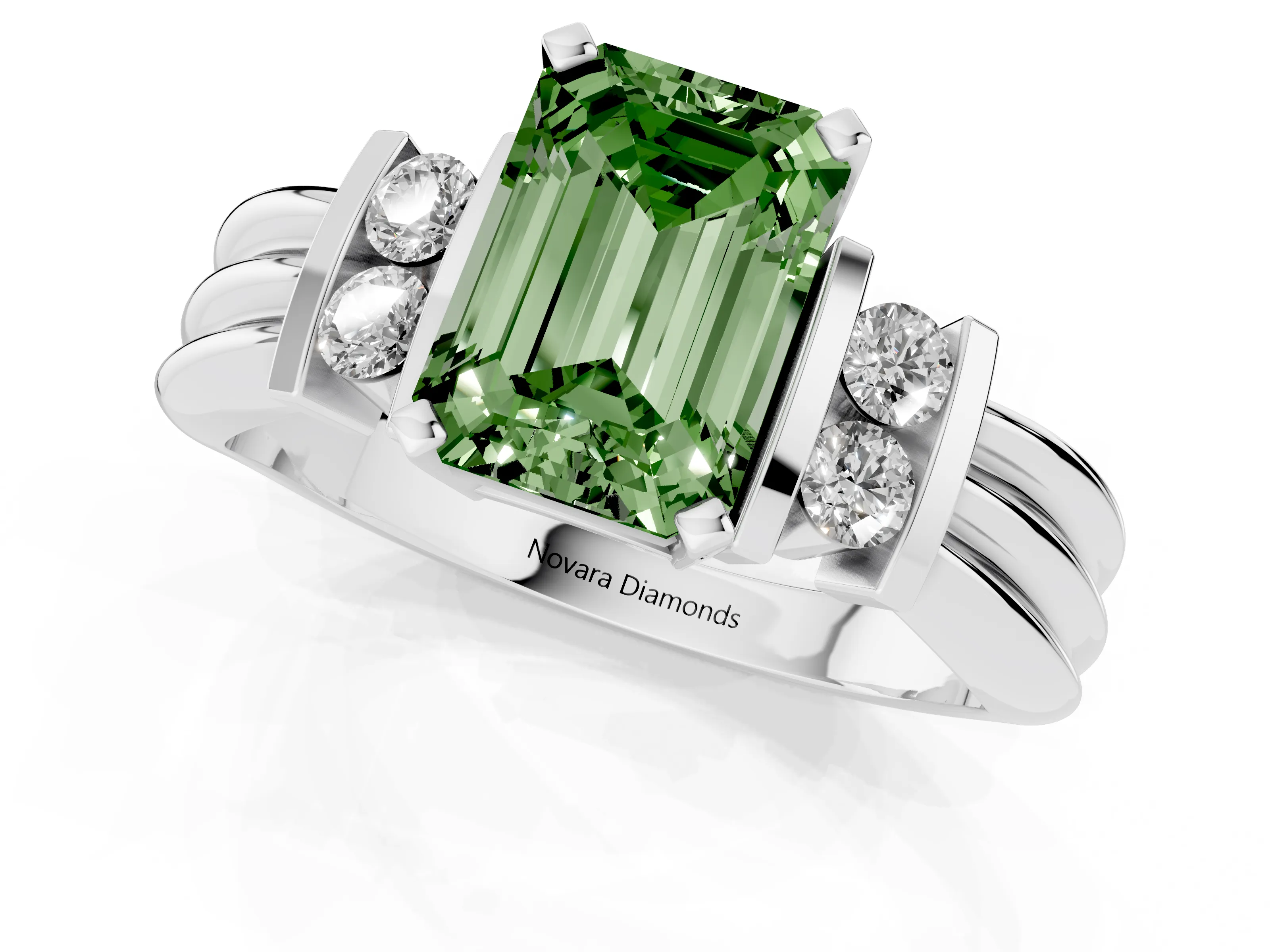 Fancy Green Three-Stone Emerald Cut Diamond Channel Set Ring Set in Silver with Bar Prongs