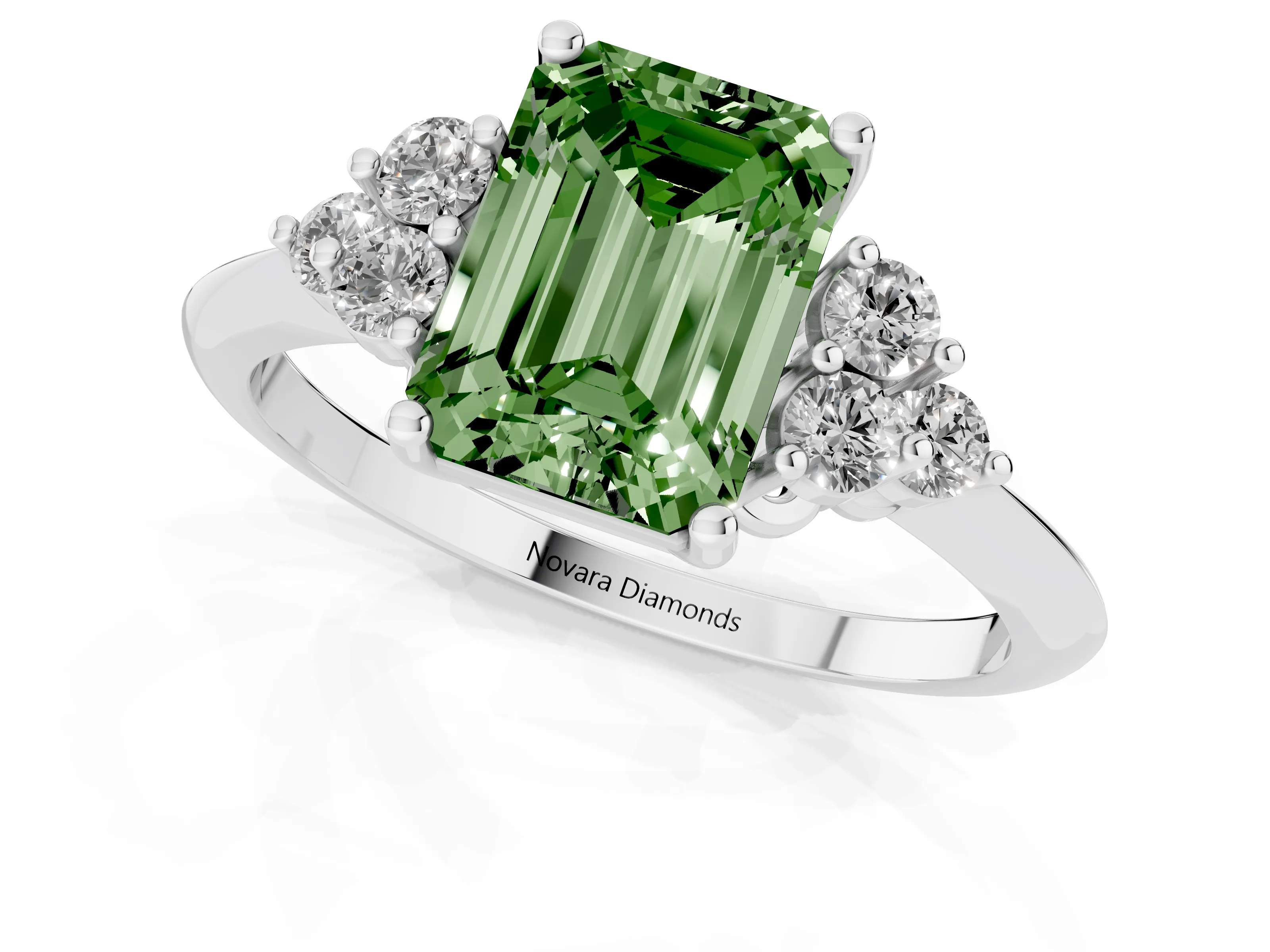 Fancy Green Emerald Cut Diamond Cluster Ring Set in Silver with Plain Band and Prong Setting