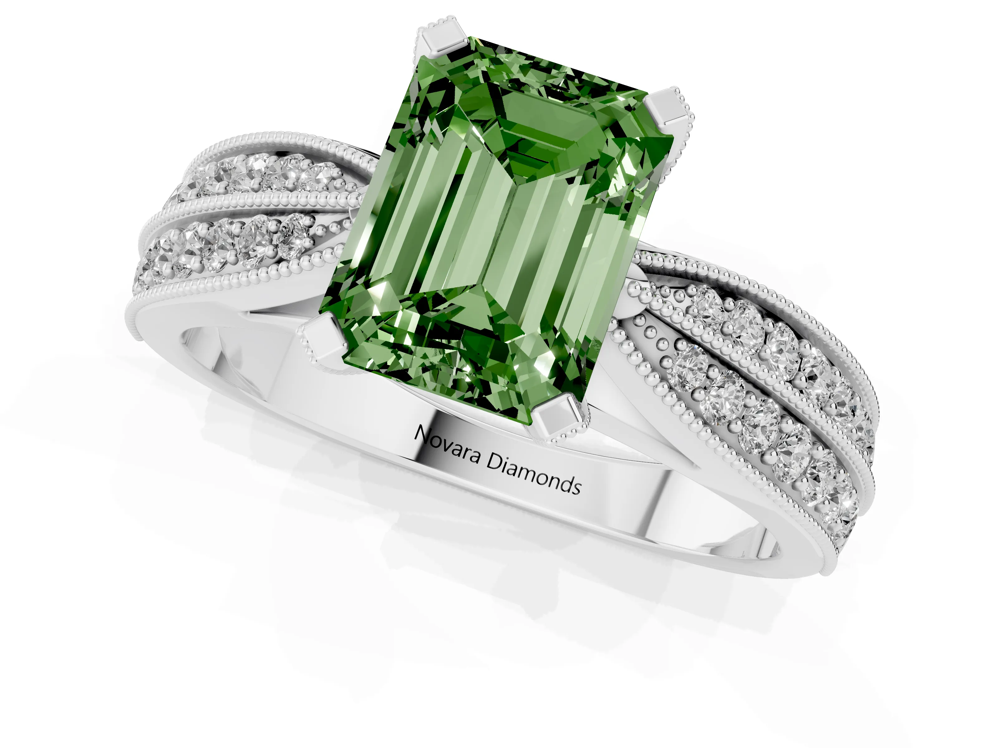 Fancy Green Emerald Cut Diamond Solitaire Ring Set in Platinum with Milgrain Double Row Round Pavé Band