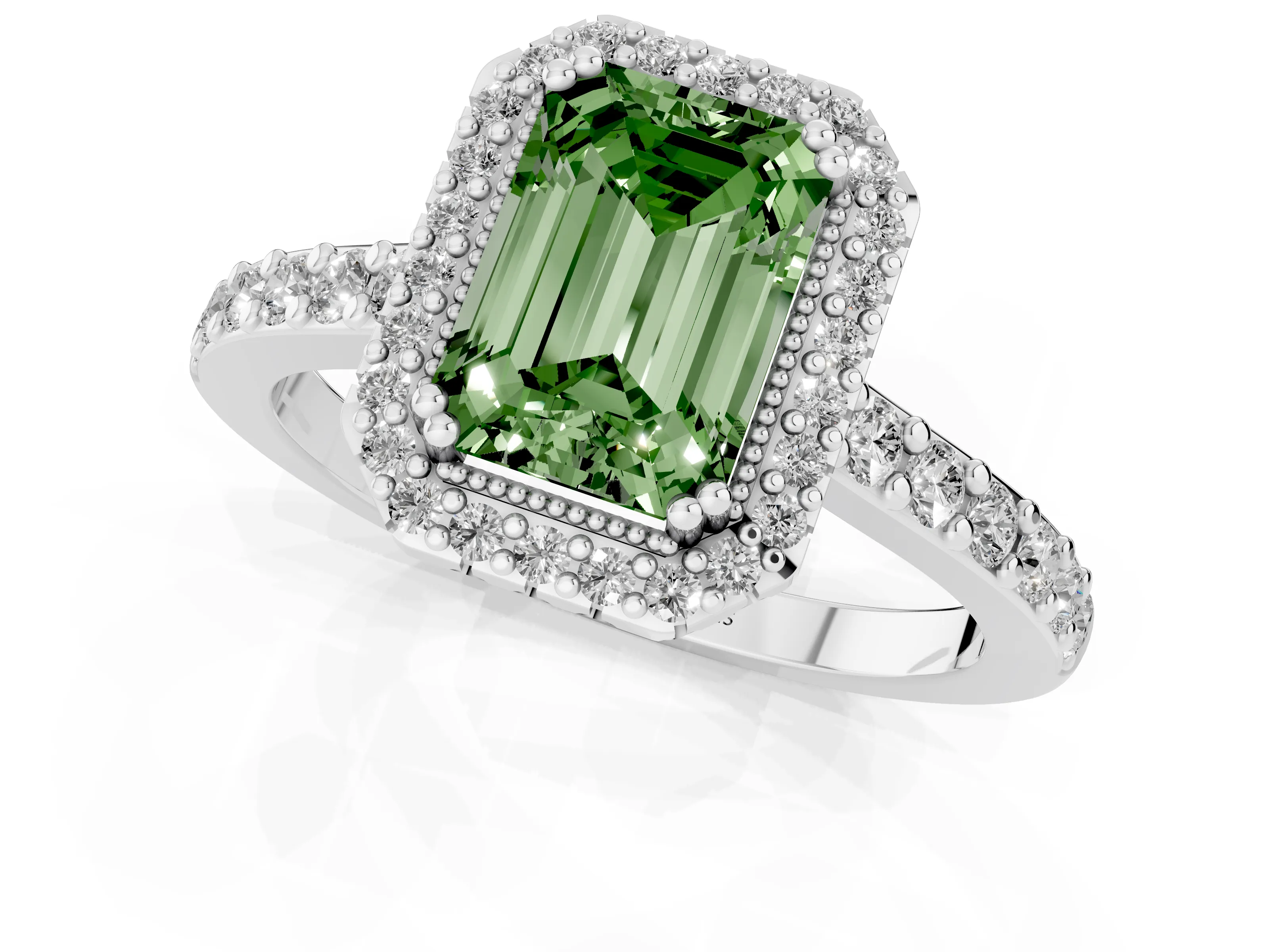 Fancy Green Emerald Cut Diamond Halo Engagement Ring Set in White gold with Milgrain Detail and Pavé Band