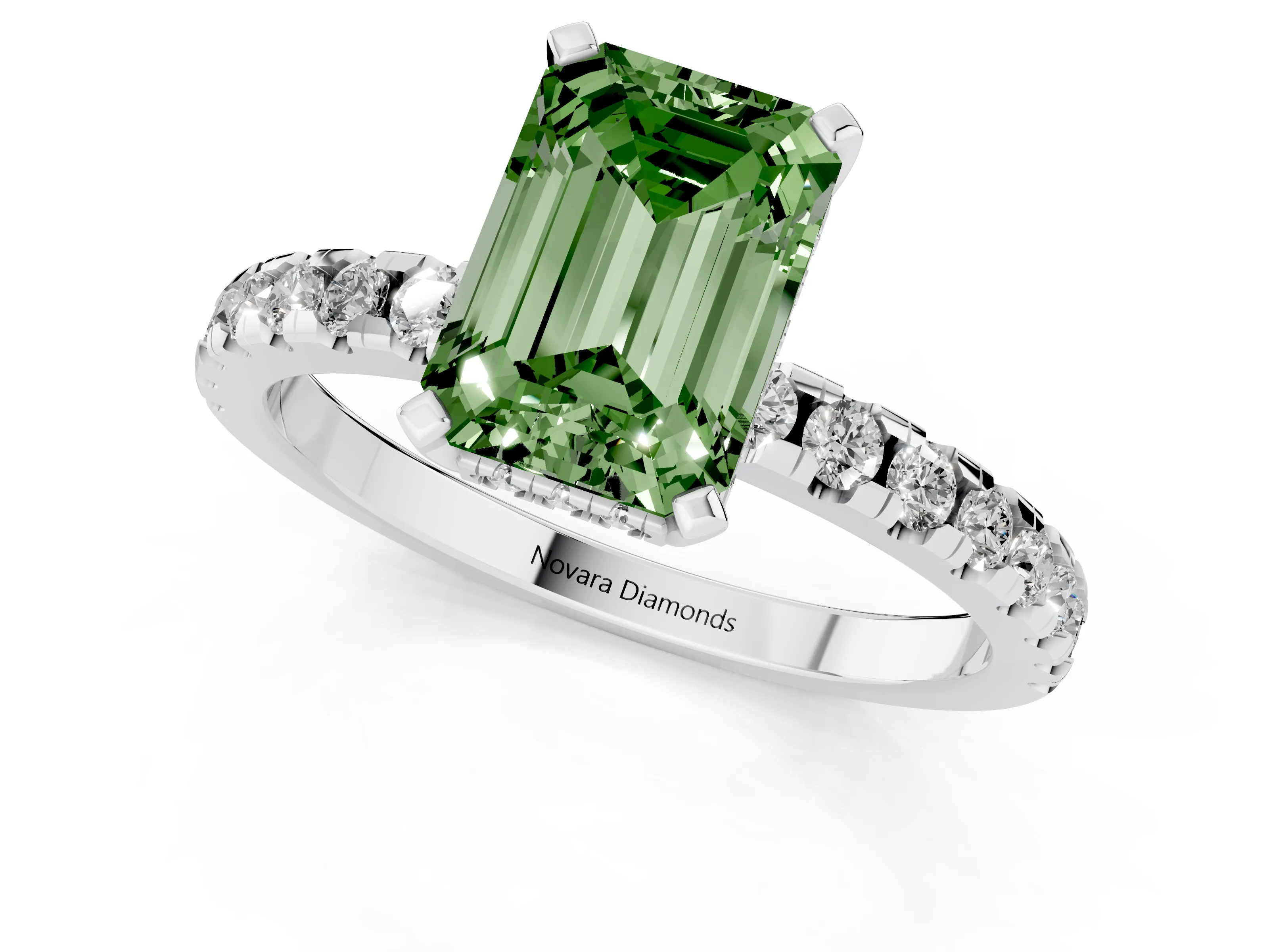 Fancy Green Emerald Cut Diamond Pavé Solitaire Ring Set in Platinum with Round Band Accents and Prong Setting – second view