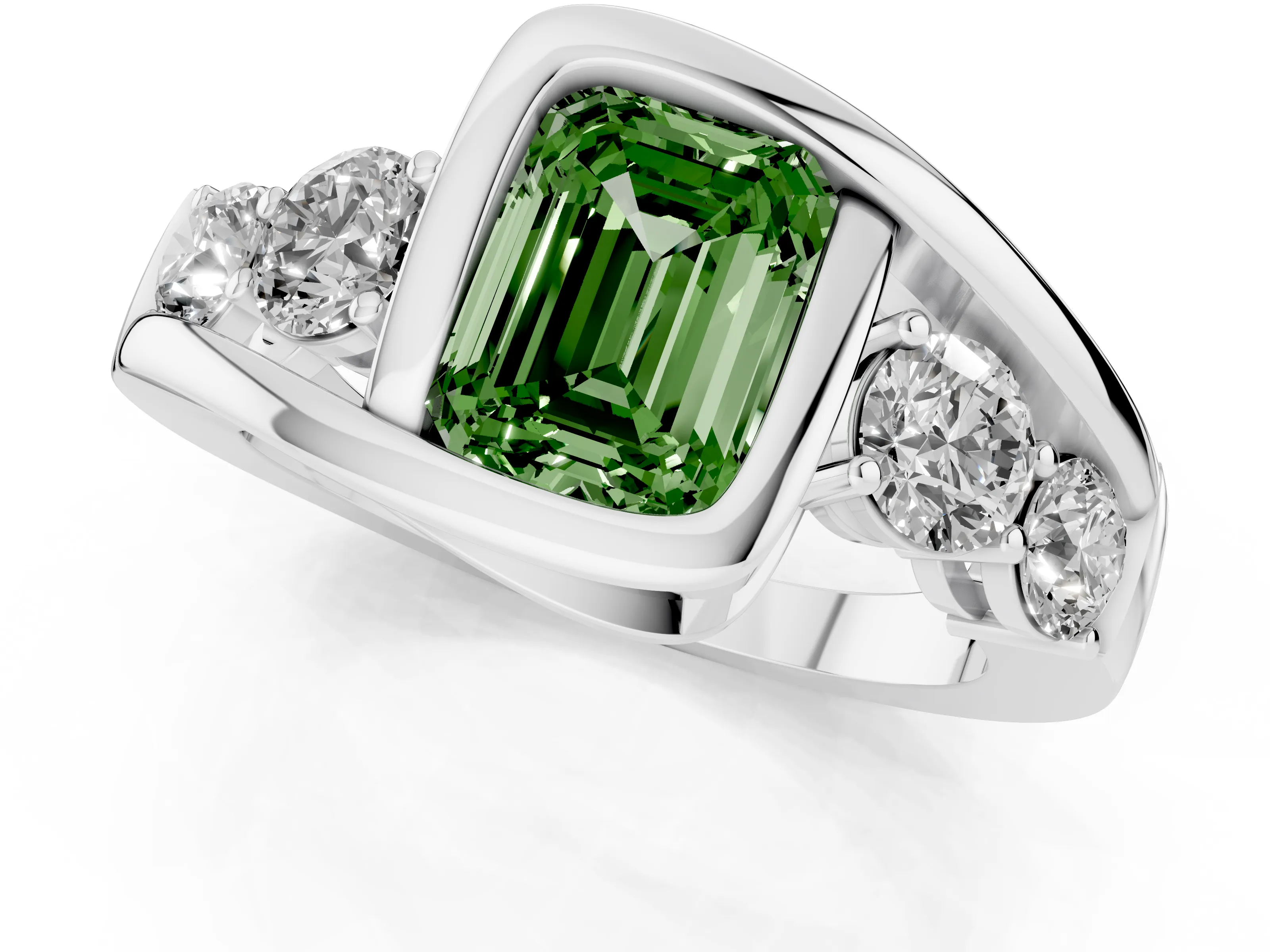 Fancy Green Emerald Cut Diamond Bezel Bypass Ring Set in Silver with Round Accents