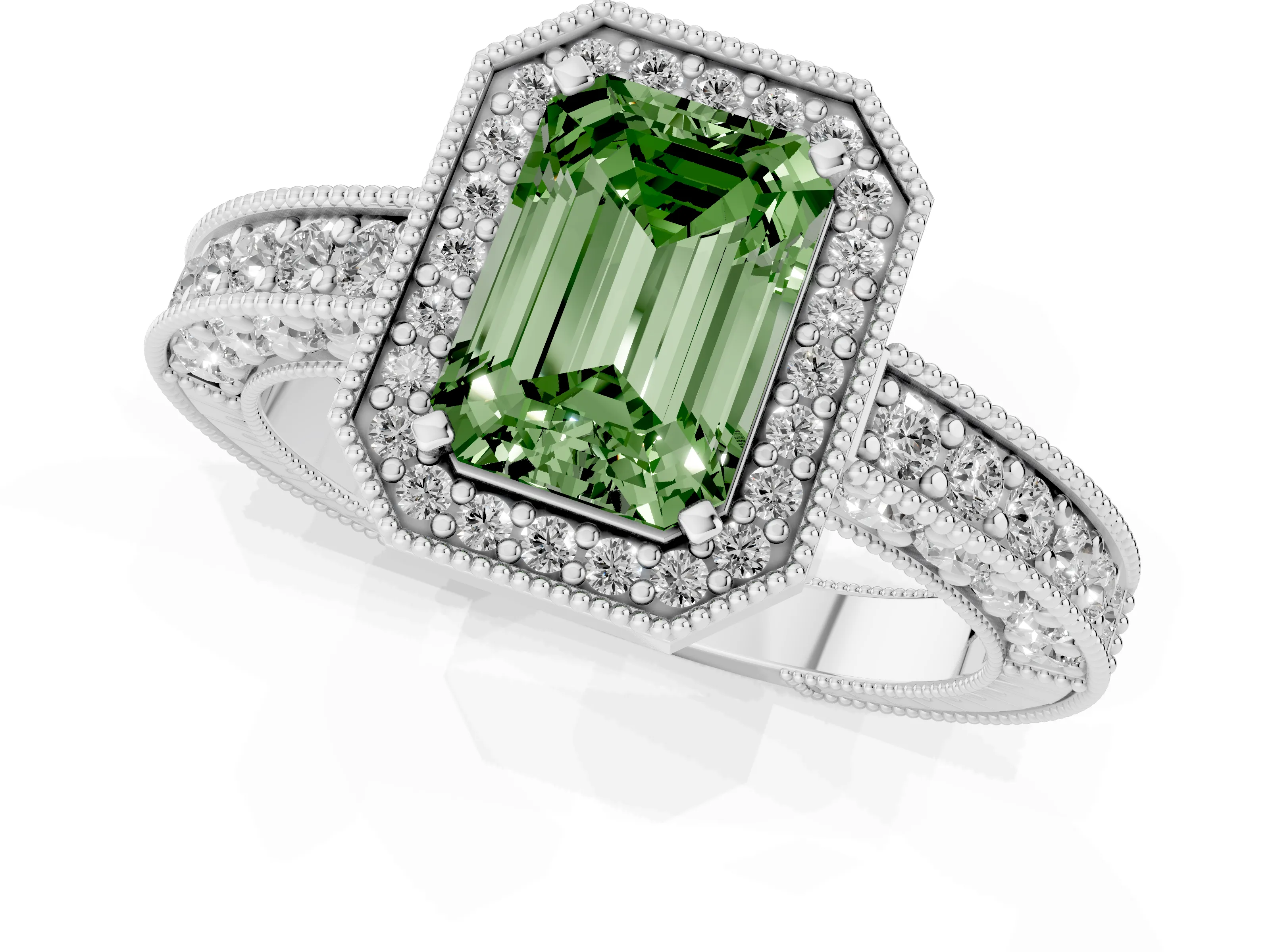 Fancy Green Emerald Cut Diamond Halo Pavé Band Ring Set in Platinum with Prong-Set Center